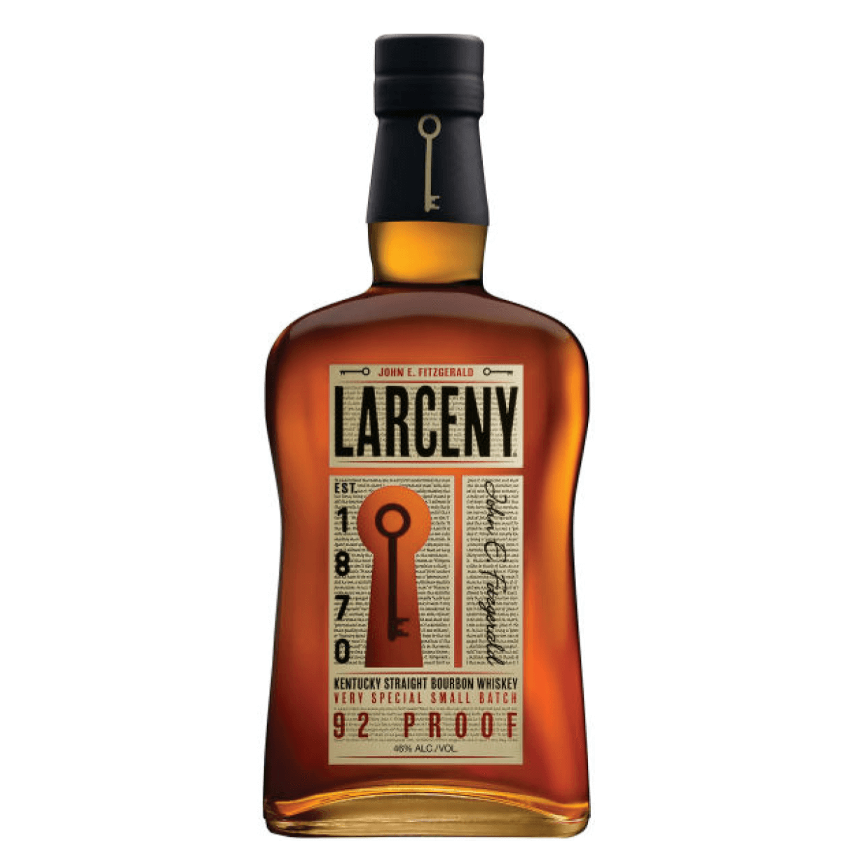 Larceny Bourbon 750ml bottle, 92 proof, Kentucky Straight, by Heaven Hill, showcasing label and iconic key design.