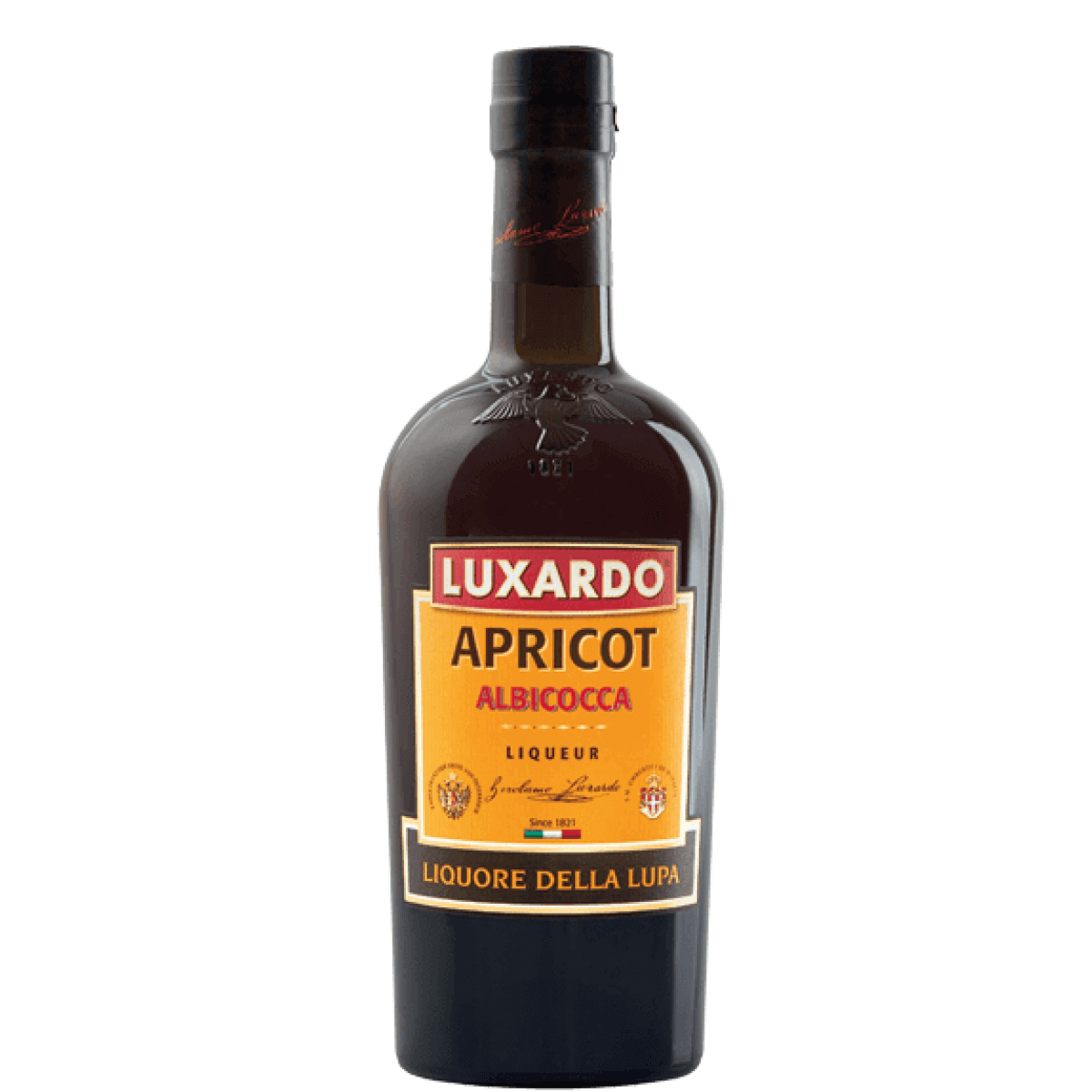 Bottle of Luxardo Apricot Liqueur 750ml, Italian liqueur with apricot, cinnamon, and almond notes, 30% ABV.