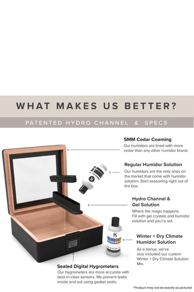 Klaro MAG Humidor with Hydro Channel technology, matte black finish, cedar coaming, and humidity solutions for optimal cigar storage.