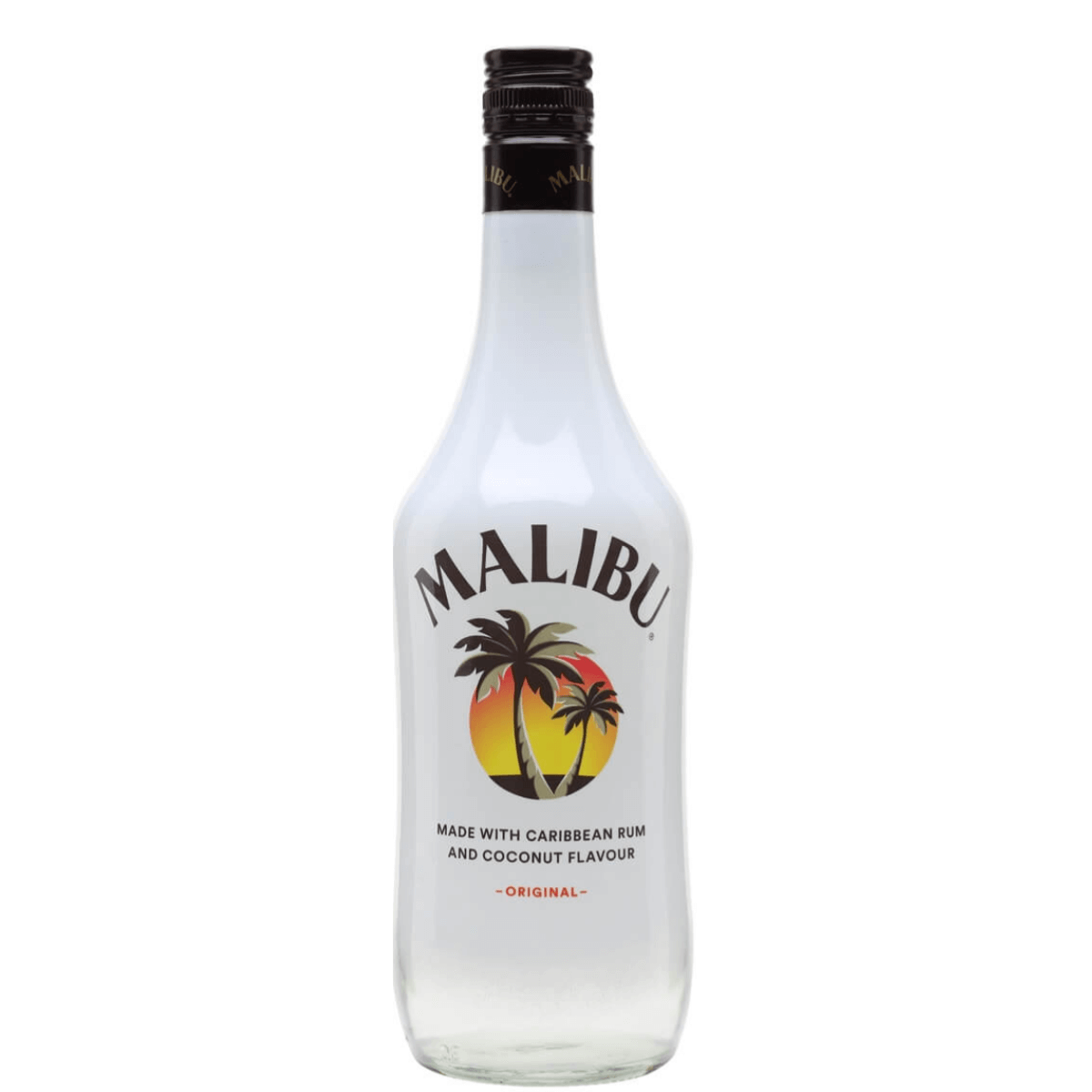 Bottle of Malibu Coconut Flavor Rum 750ml with tropical label, perfect for cocktails and infused with natural coconut taste.