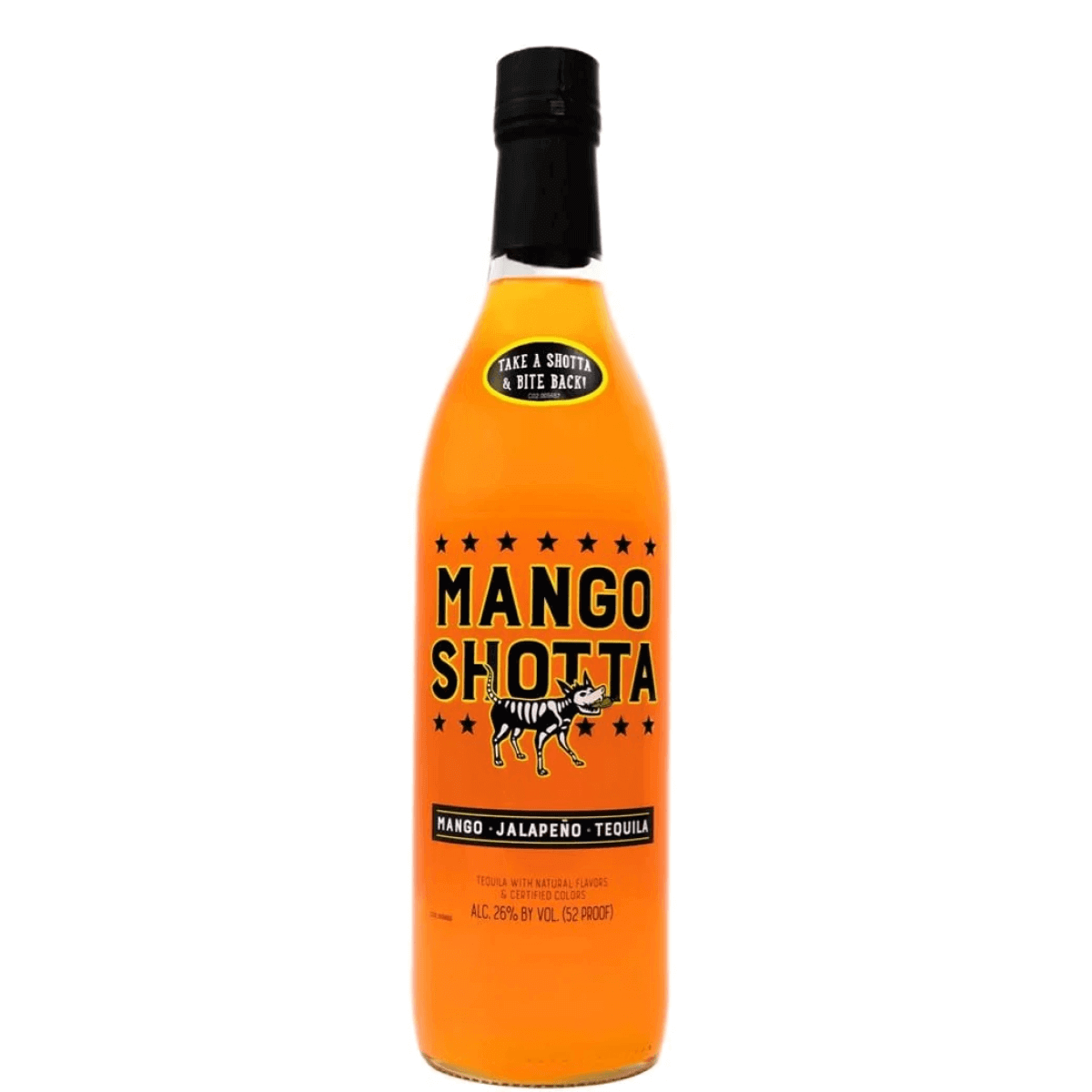 Bottle of Mango Shotta Tequila 750ml with mango and jalapeno flavors, featuring bold label design.