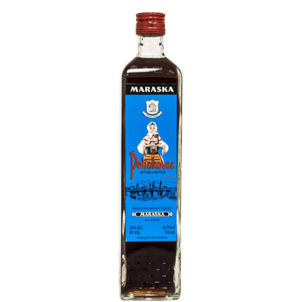 Maraska Pelinkovac Croatian herbal liqueur bottle, 750ml, 28% ABV, blue label, traditional drink made with wormwood.