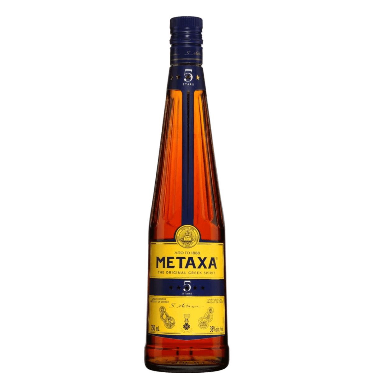 Metaxa 5 Star Greek Liqueur 750ml bottle with a rich amber color, featuring notes of vanilla, caramel, and dried fruits.