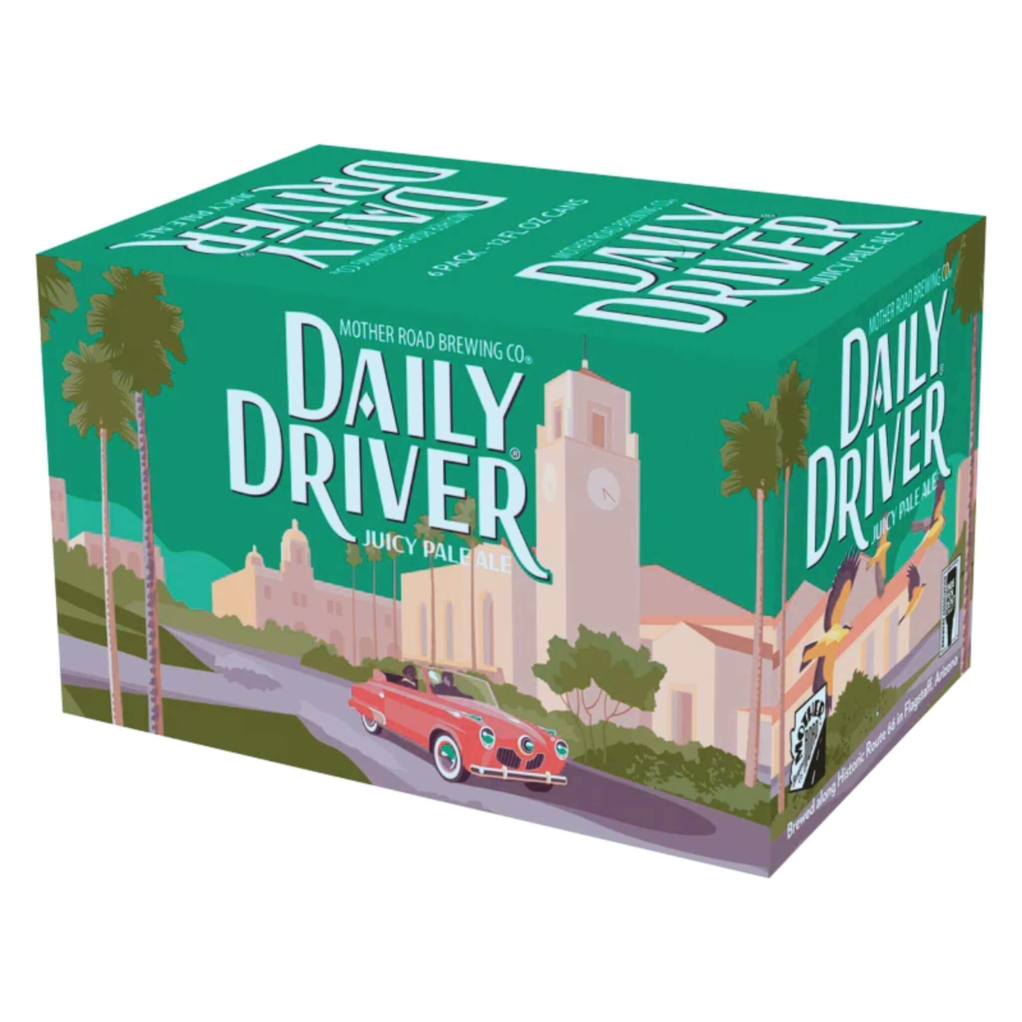 Mother Road Daily Driver Pale Ale 6 pack featuring vintage car artwork and Flagstaff, Arizona scenery on the packaging.