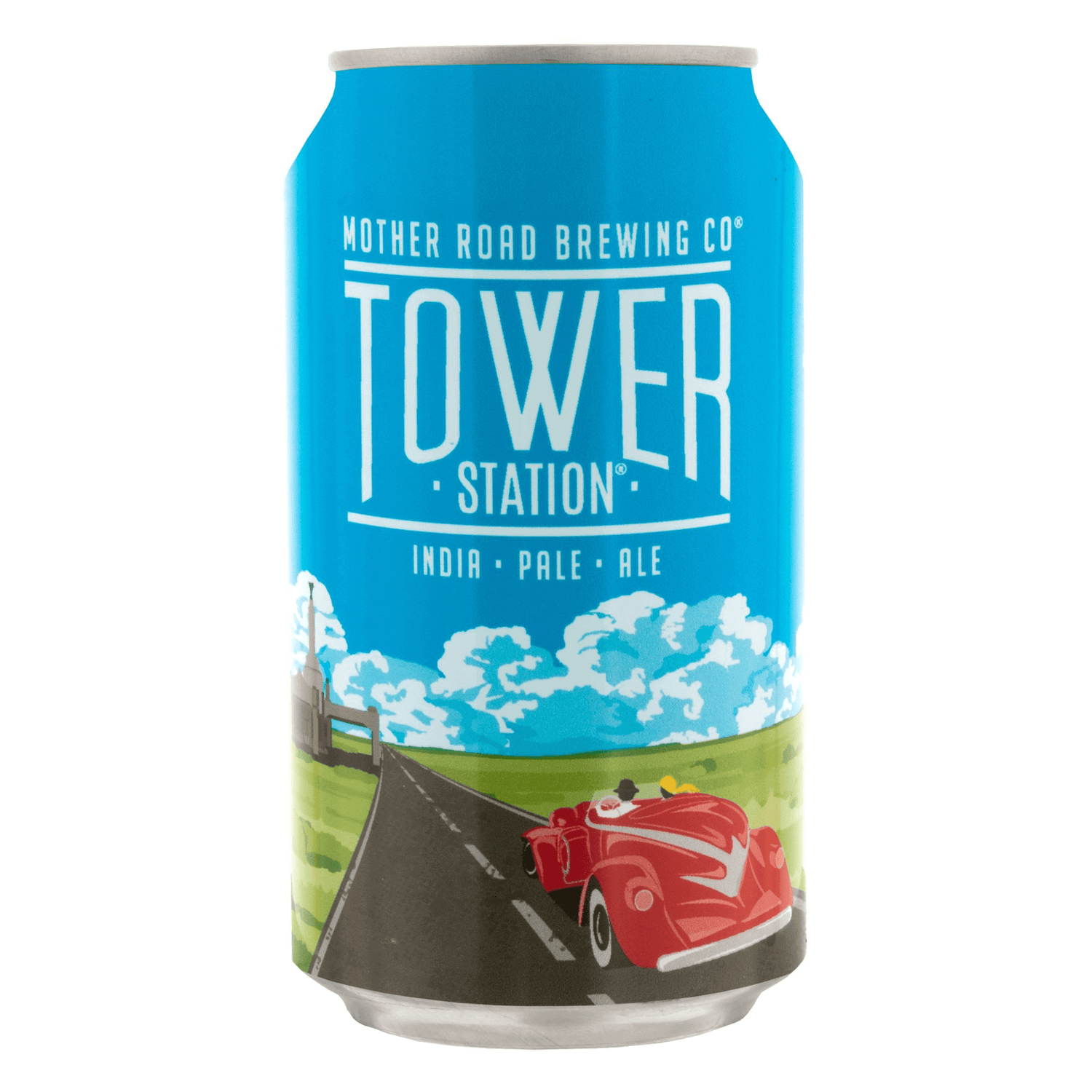 Mother Road Tower Station IPA can featuring vibrant design with red car on scenic road, 12oz, American IPA from Flagstaff, Arizona.