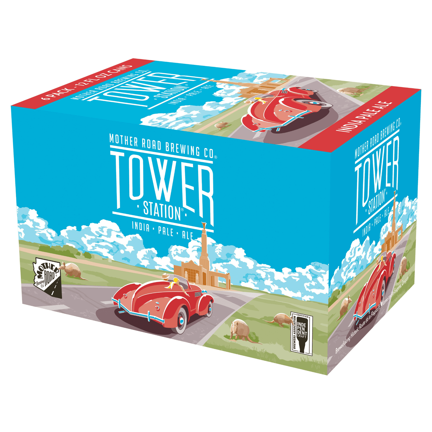 Tower Station IPA 6-pack from Mother Road Brewing, featuring colorful vintage car design, American IPA, Flagstaff, Arizona.