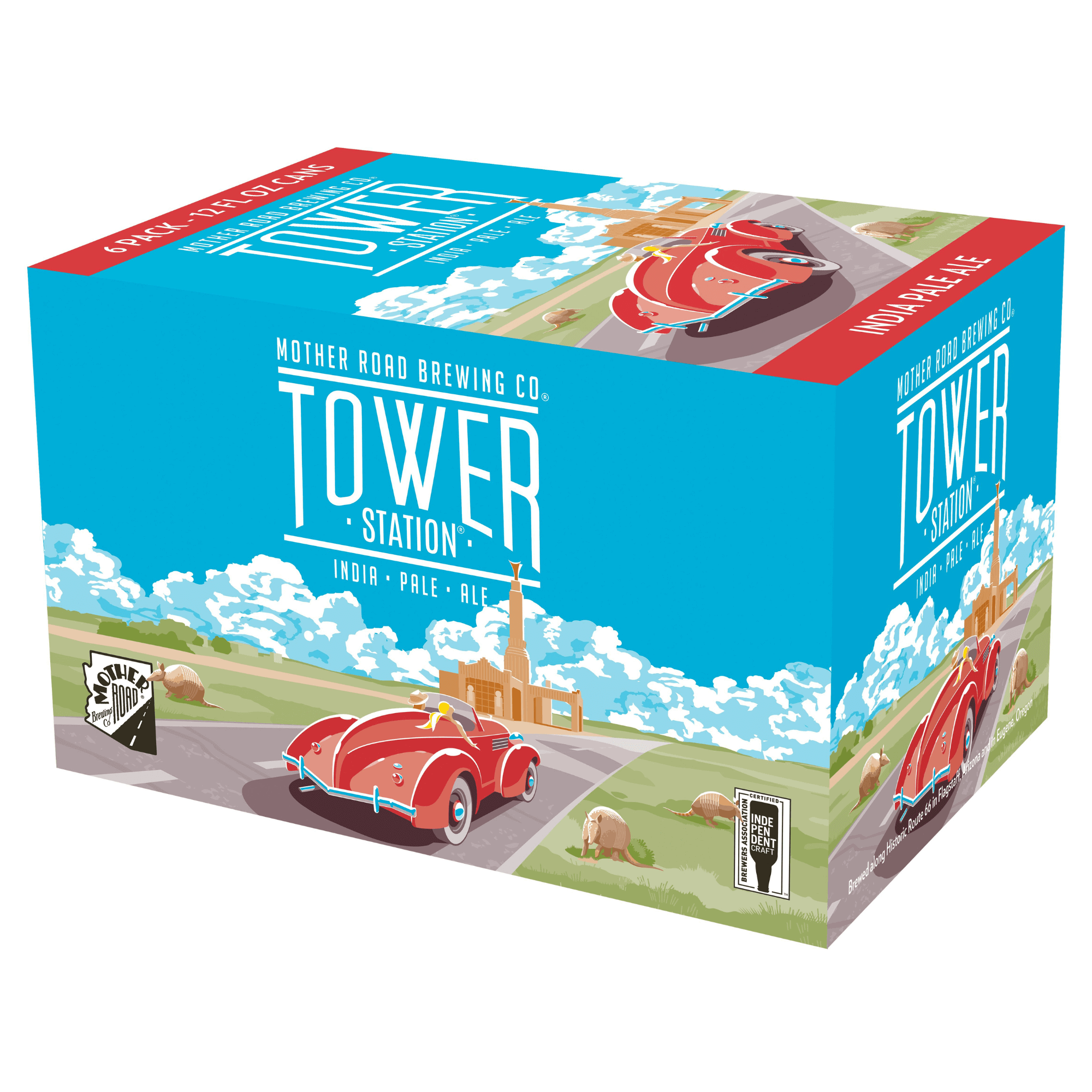 Tower Station IPA 6-pack from Mother Road Brewing, featuring colorful vintage car design, American IPA, Flagstaff, Arizona.