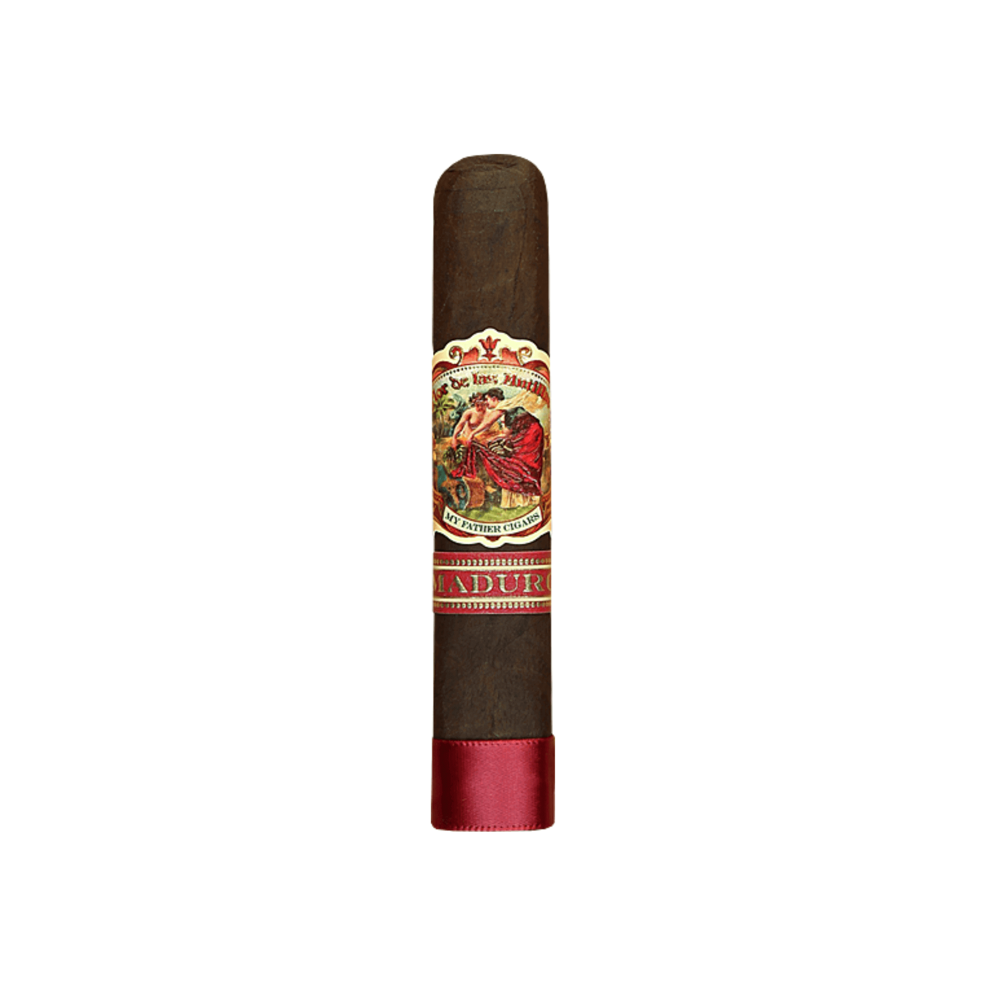 My Father Flor De Las Antillas Maduro Petite Robusto cigar with Connecticut Broadleaf Maduro wrapper on a white background.
