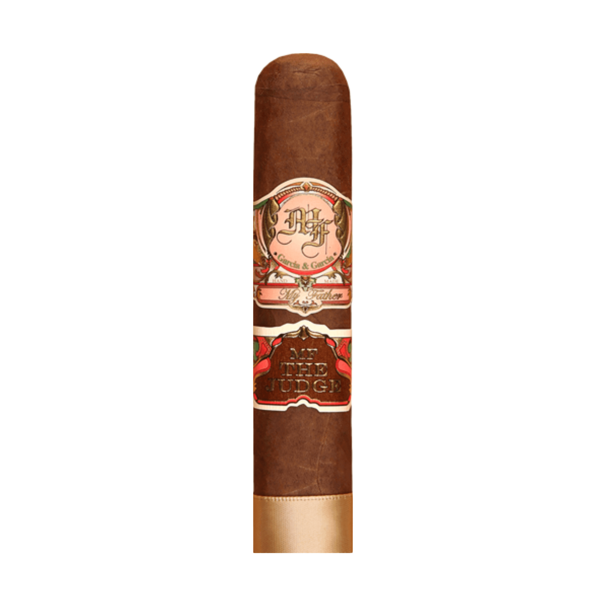 My Father The Judge Grand Robusto cigar, Ecuadorian Sumatra wrapper, 5x60 size, box pressed, bold flavors of chocolate and pepper.