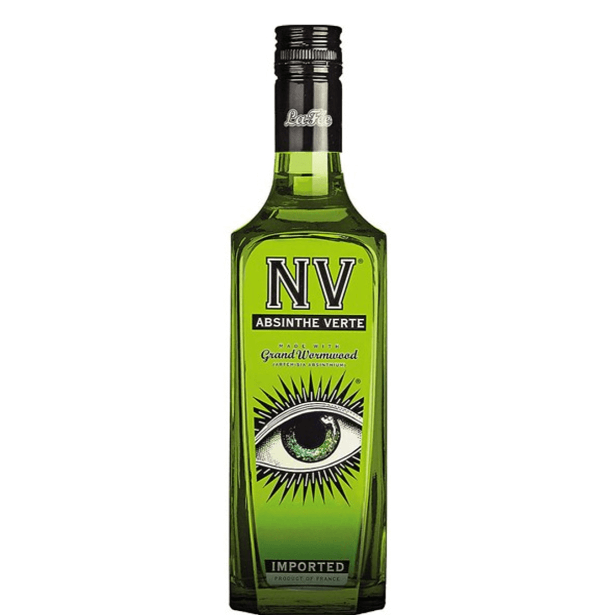 NV Absinthe Verte 750ml bottle with green hue, featuring grand wormwood, anise, and fennel illustration, premium French absinthe.
