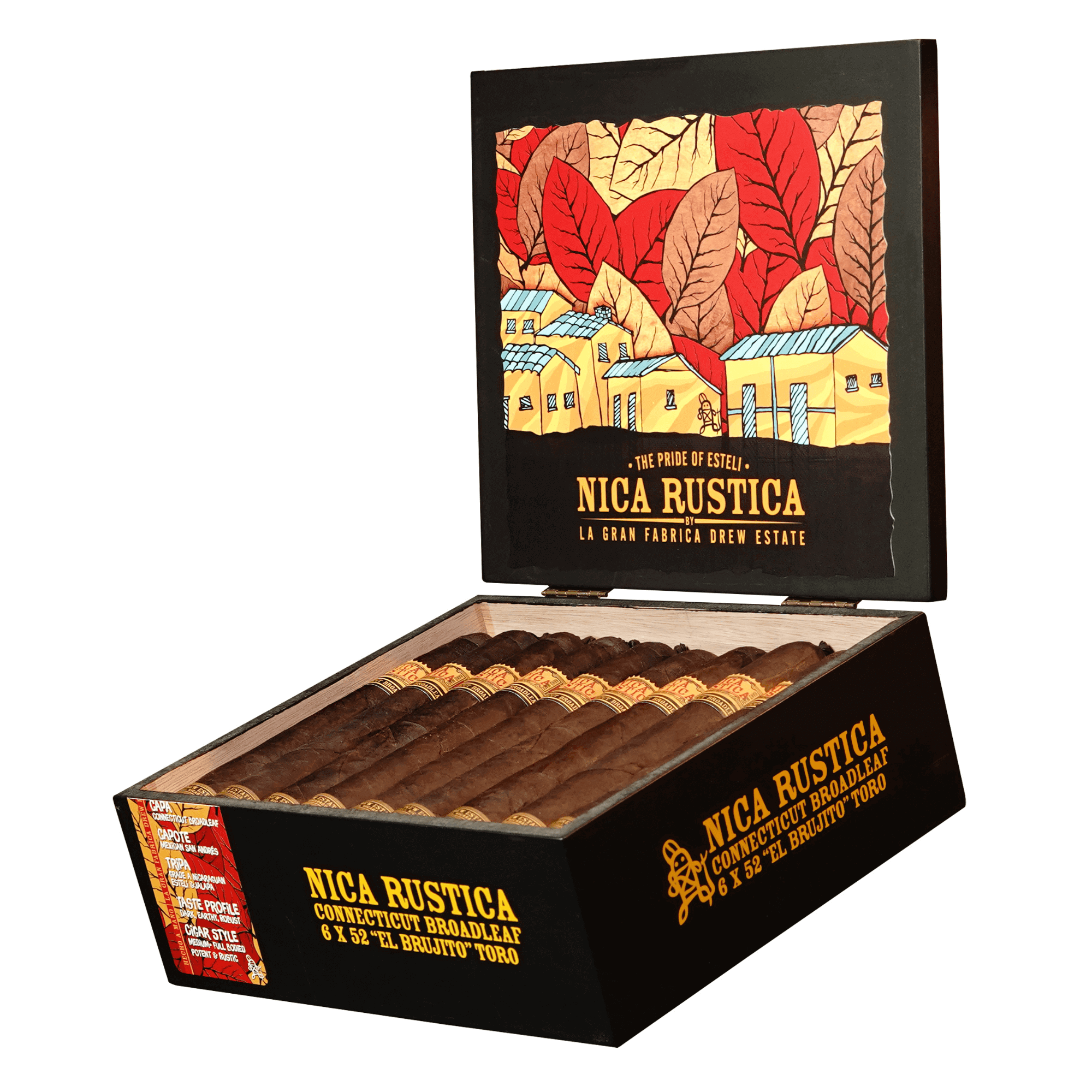 Box of Nica Rustica Connecticut El Brujito Toro cigars by Drew Estate, featuring 25 earthy and rustic cigars with a creamy finish.