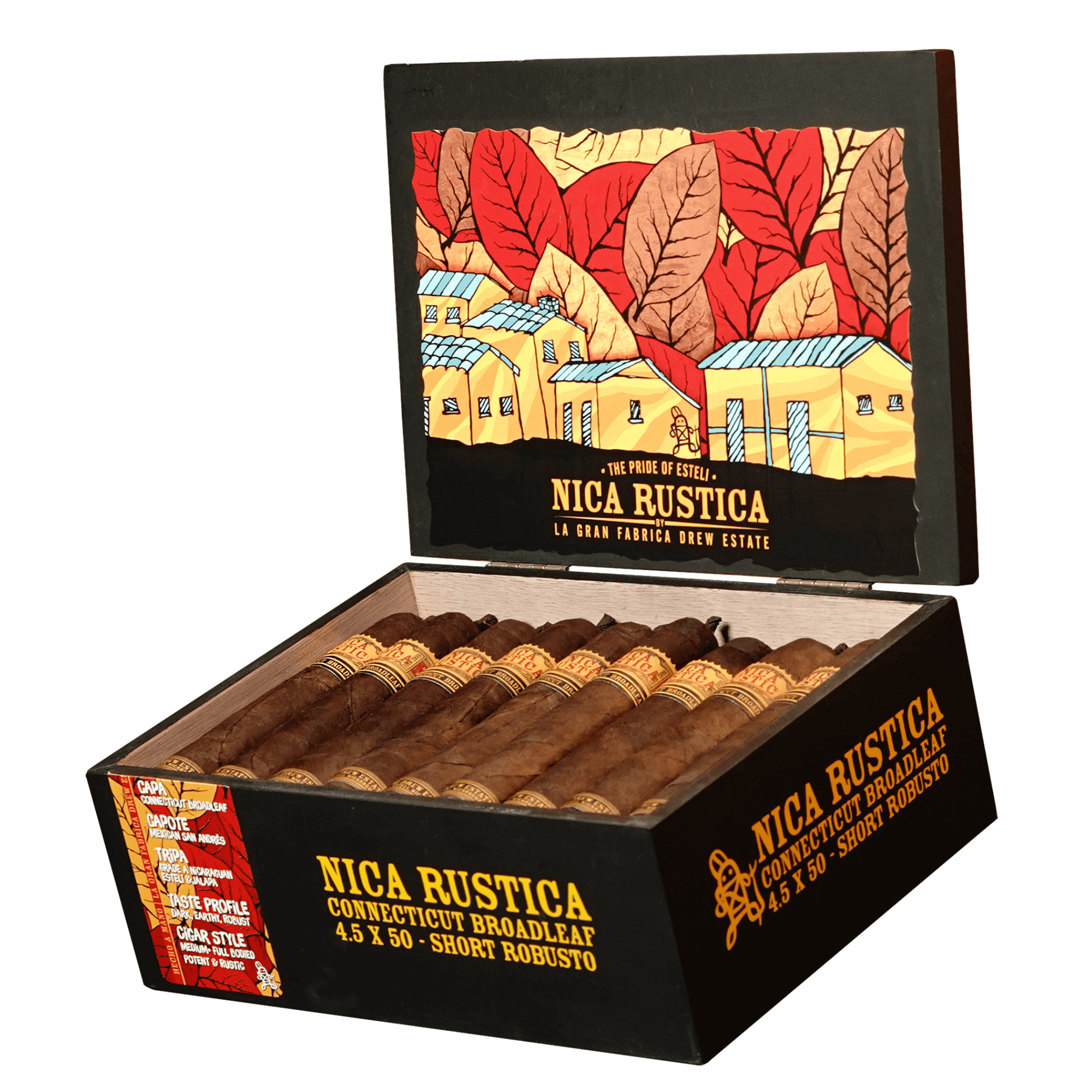 Open box of Drew Estate Nica Rustica Connecticut Short Robusto cigars, showing 25 cigars with colorful packaging.