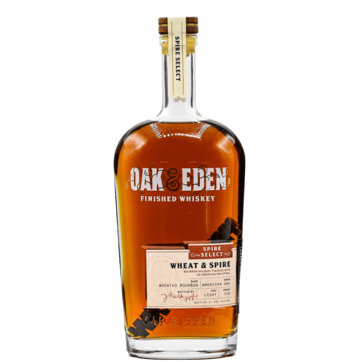 Oak and Eden Wheat & Spire 750ml Bourbon Whiskey from Indiana USA, 45% ABV, smooth wheat flavor, finished whiskey bottle.