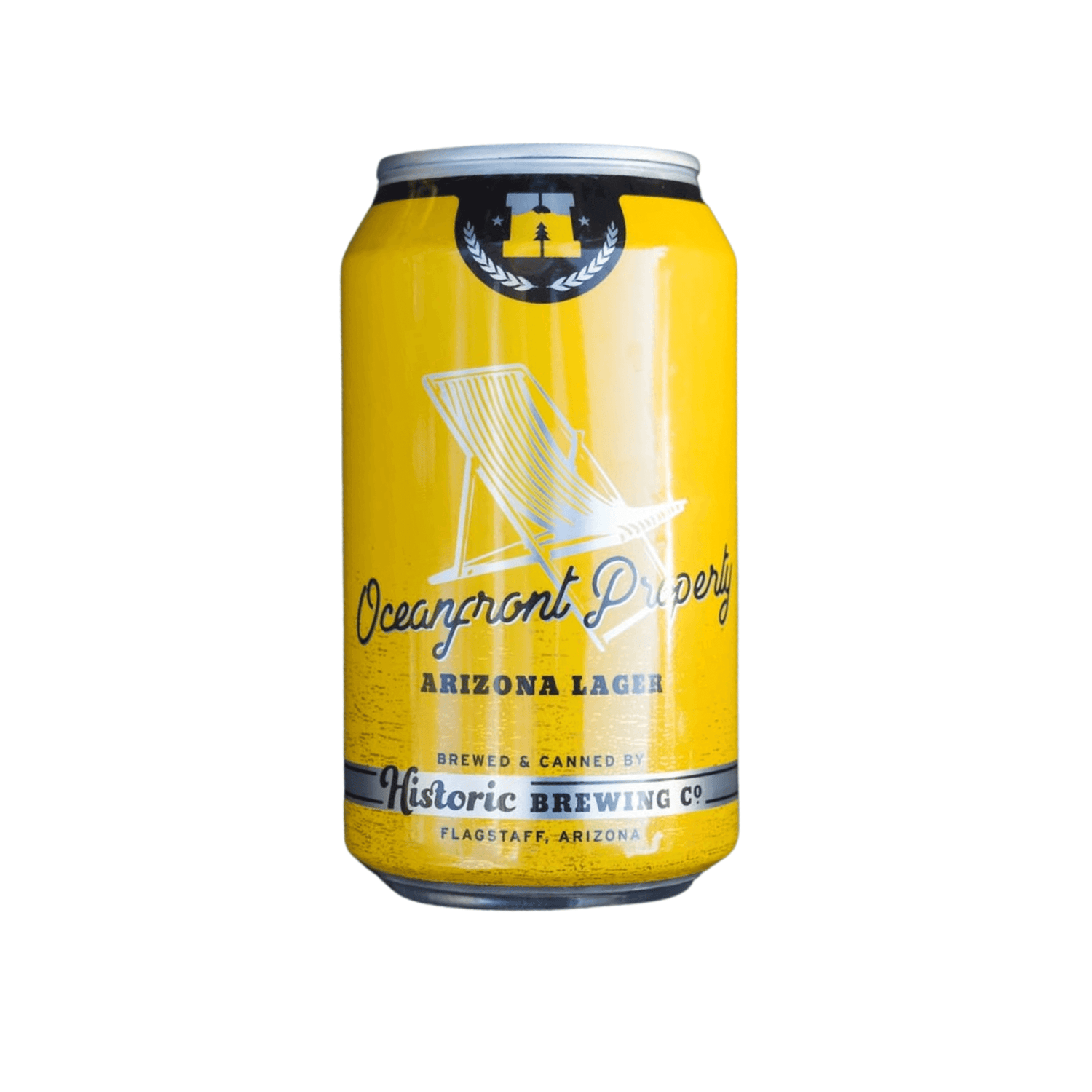12oz can of Historic Oceanfront Property Pilsner by Historic Brewing, Flagstaff, AZ, featuring bright design and refreshing taste.