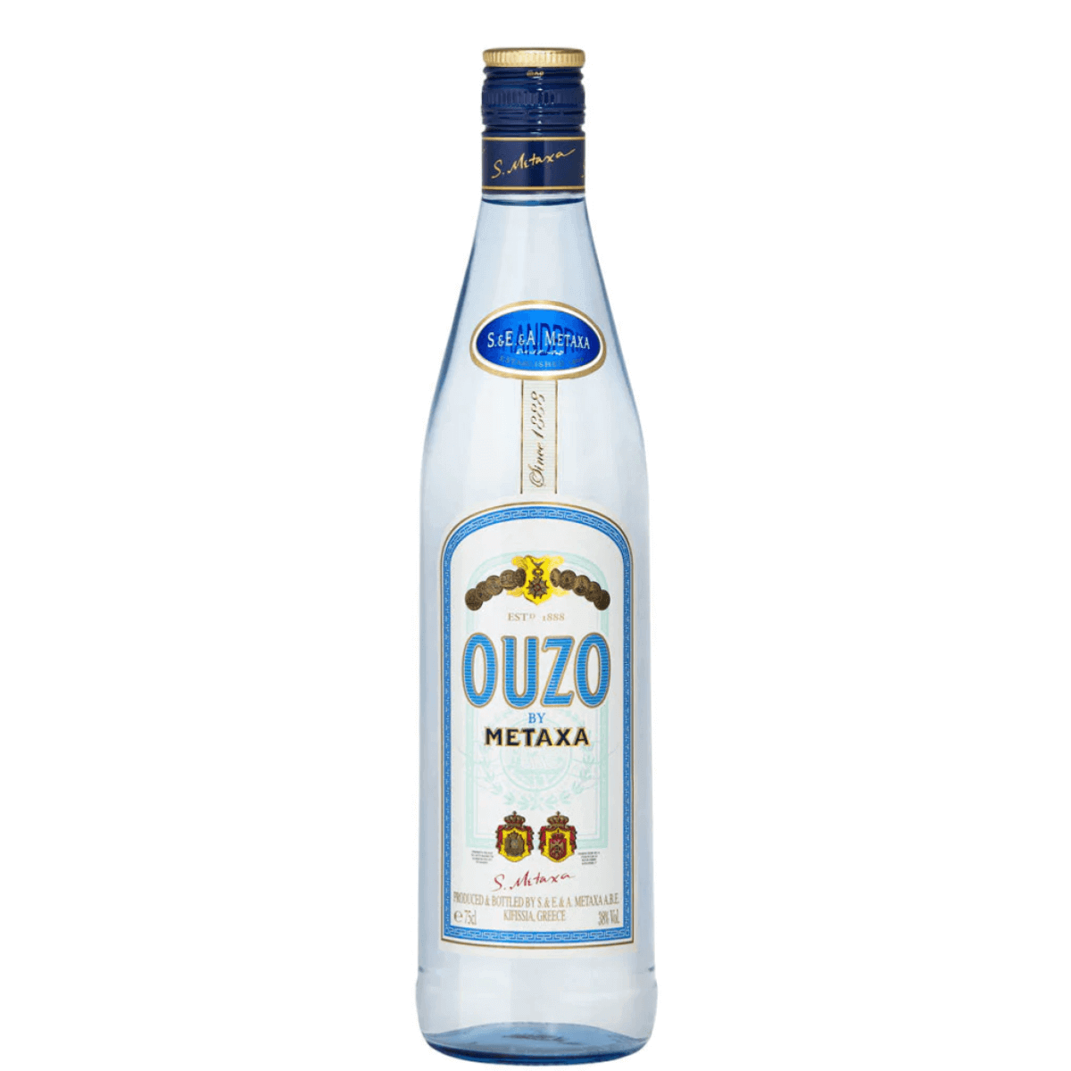 Ouzo by Metaxa Greek Liqueur 750ml bottle, featuring Mediterranean aromatic seeds and Chios mastic, 40% ABV.