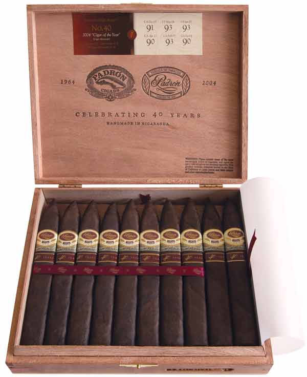 Box of Padrón 1926 Serie No. 40 Maduro cigars, featuring Nicaraguan Sun-Grown Maduro wrapper, full strength, and rich flavor profile.