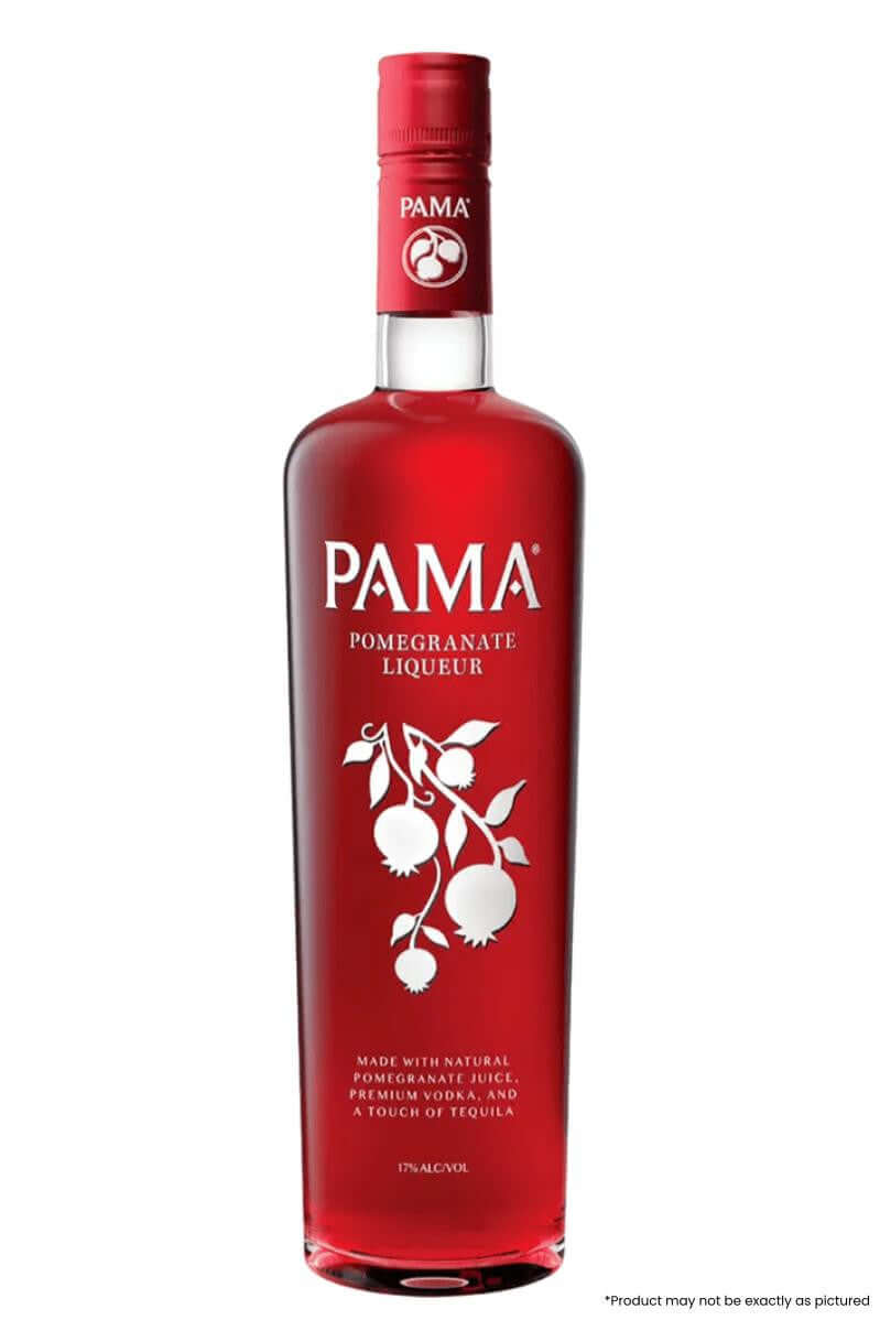 Pama Pomegranate Liqueur 750ml bottle with natural pomegranate flavor, made in Kentucky, USA, 17% ABV.