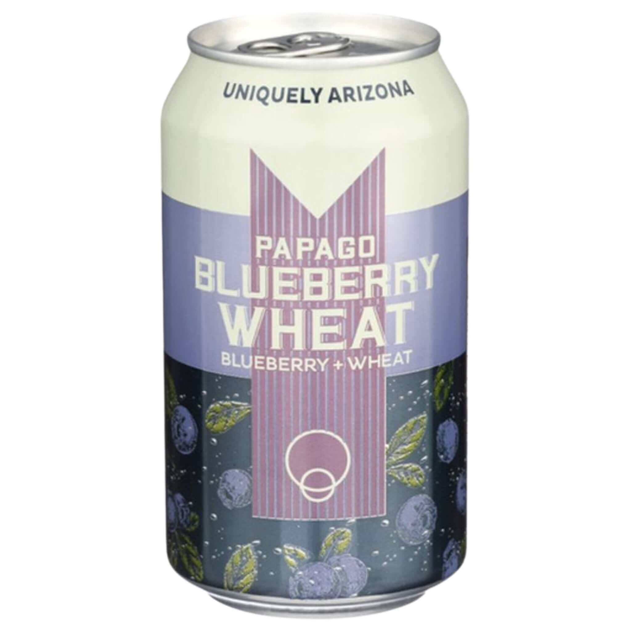 Papago Blueberry Wheat 12oz can by Huss Brewing Co, featuring a fruit wheat ale inspired design with blueberry accents.