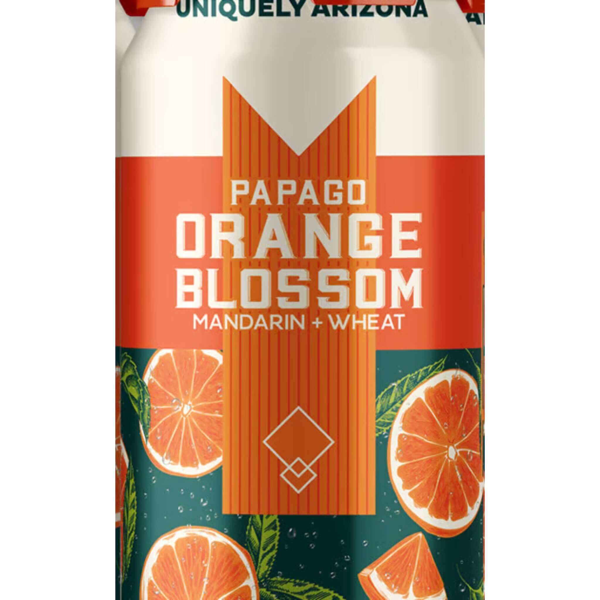 Papago Orange Blossom 12oz can with citrus and vanilla aroma, brewed by Huss Brewing, showcasing vibrant orange design.