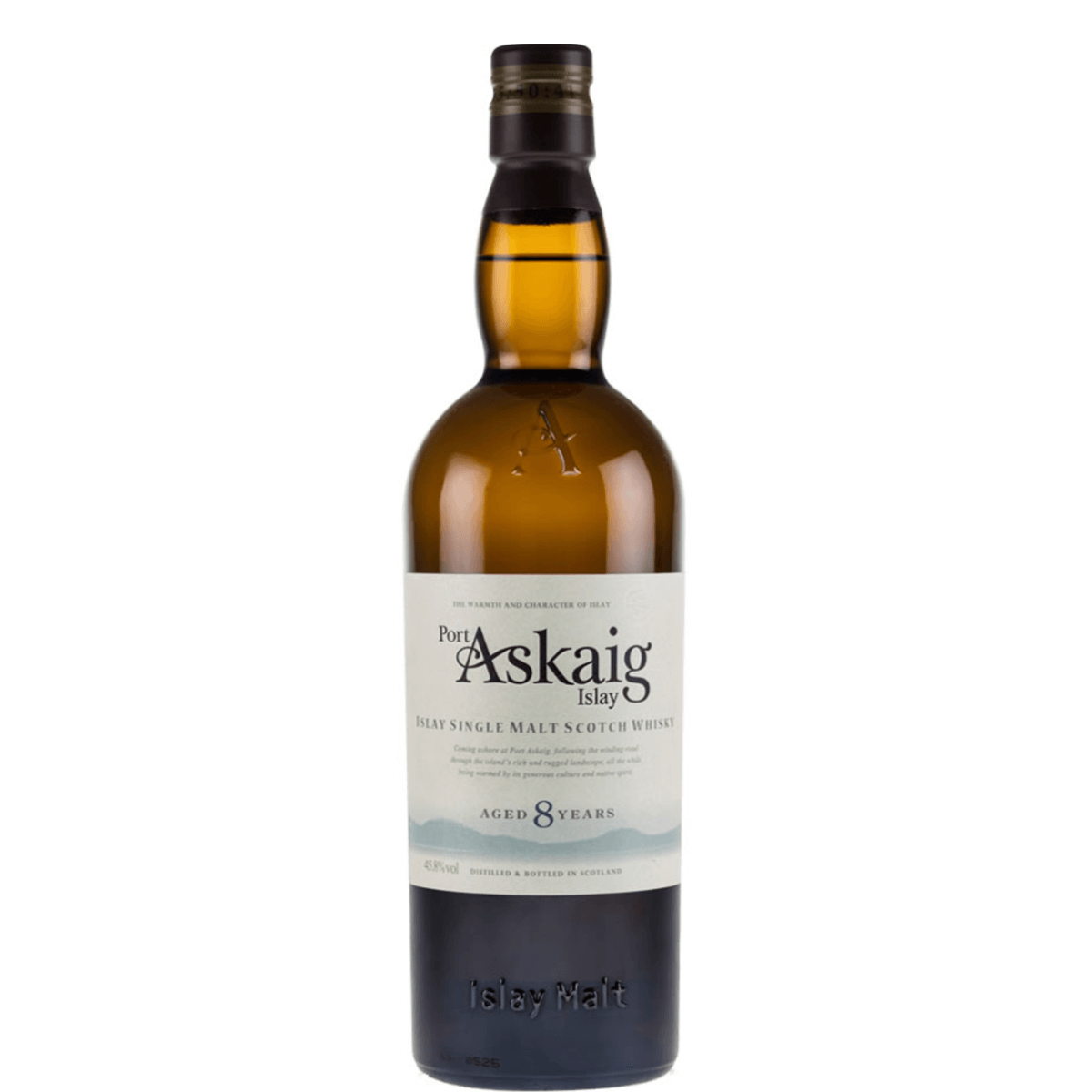 Port Askaig 8 Year Old Single Malt Scotch Whisky bottle from Islay, UK, 750ml, 45.8% ABV, sweet and spicy flavor.