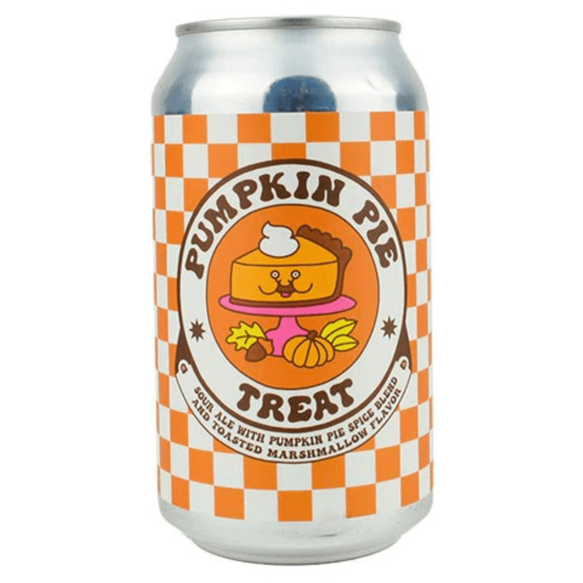 Prairie Artisan Ales Pumpkin Pie Treat can — sour ale with pumpkin, spices, and marshmallow; bright orange label with fall-themed design.