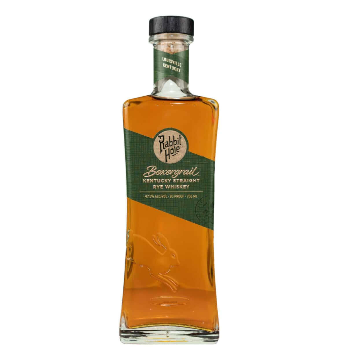 Rabbit Hole Boxergrail Rye Whiskey 750ml bottle with green label, Kentucky craft rye whiskey, 95% rye, aged in charred oak barrels.