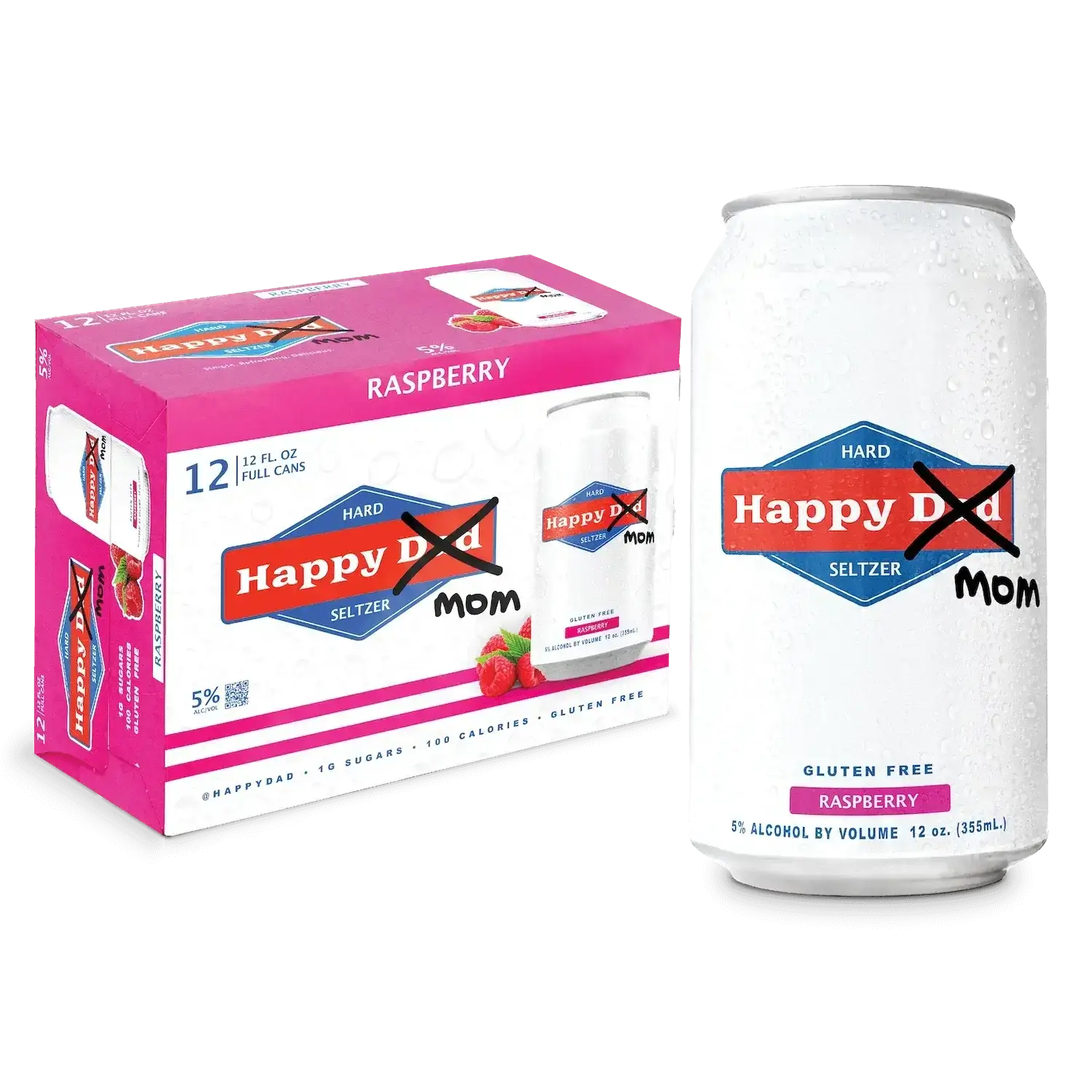 Happy Mom Raspberry Hard Seltzer 12 Pack, 12oz cans, with bold pink packaging showcasing refreshing raspberry flavor, 5% ABV.