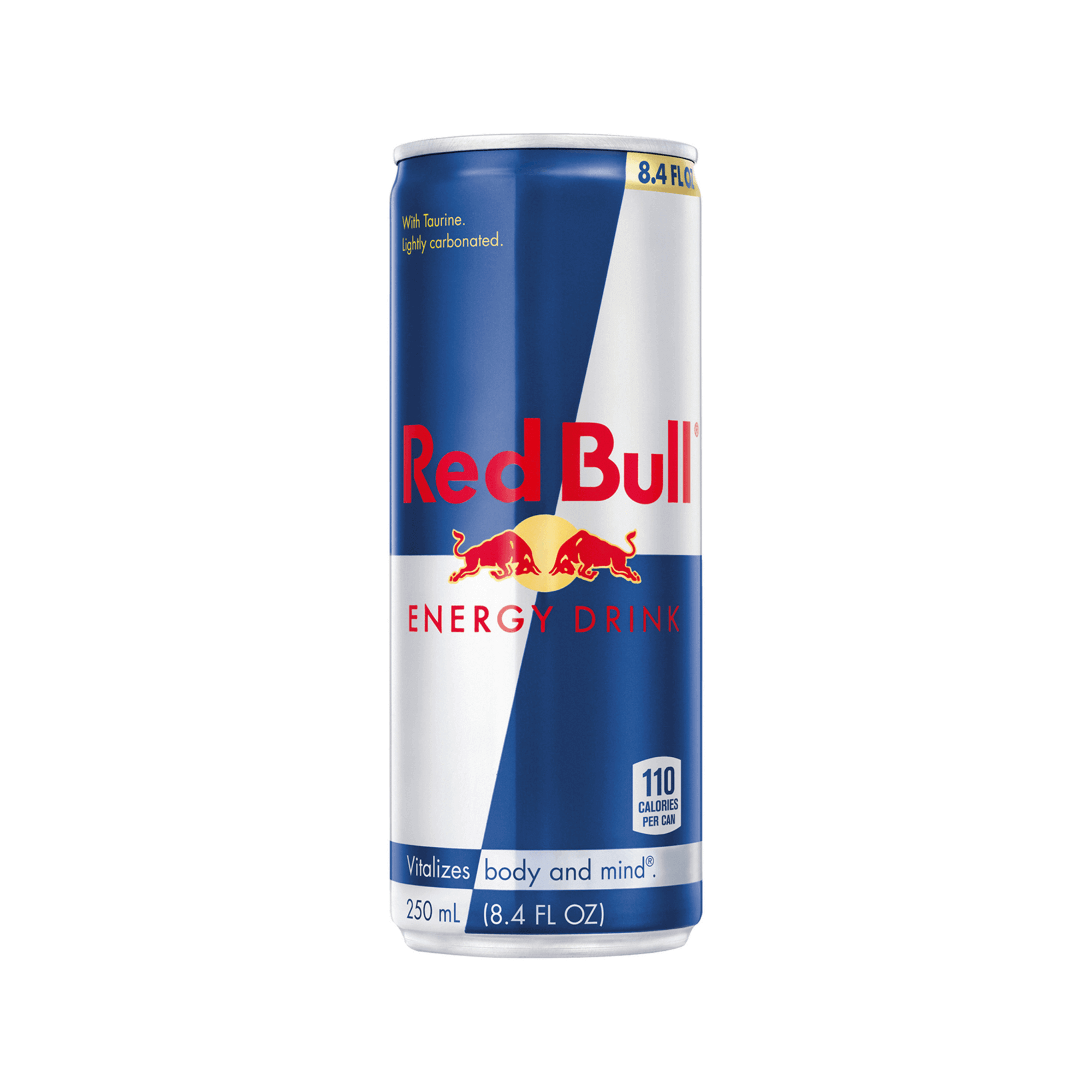 Red Bull 8.4oz energy drink can with caffeine, taurine, and B-vitamins for increased performance and concentration, 110 calories.