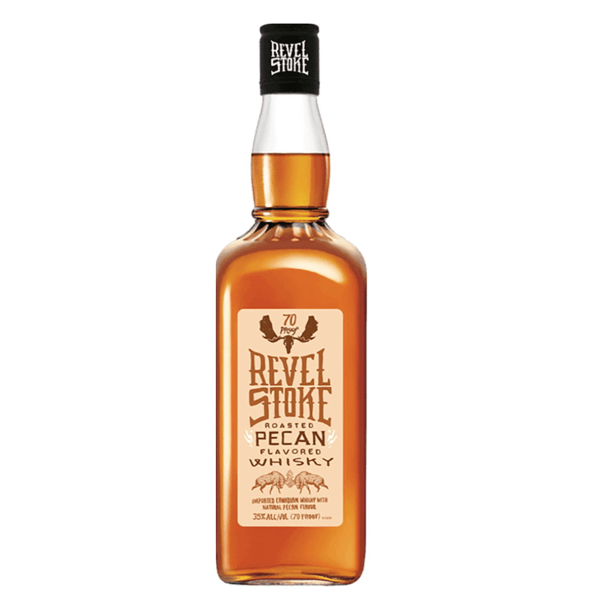 Revel Stoke Pecan Whiskey 750ml bottle, Canadian spirit with 40% ABV, offering complex flavors from spicy to sweet, ideal for outdoor enthusiasts.