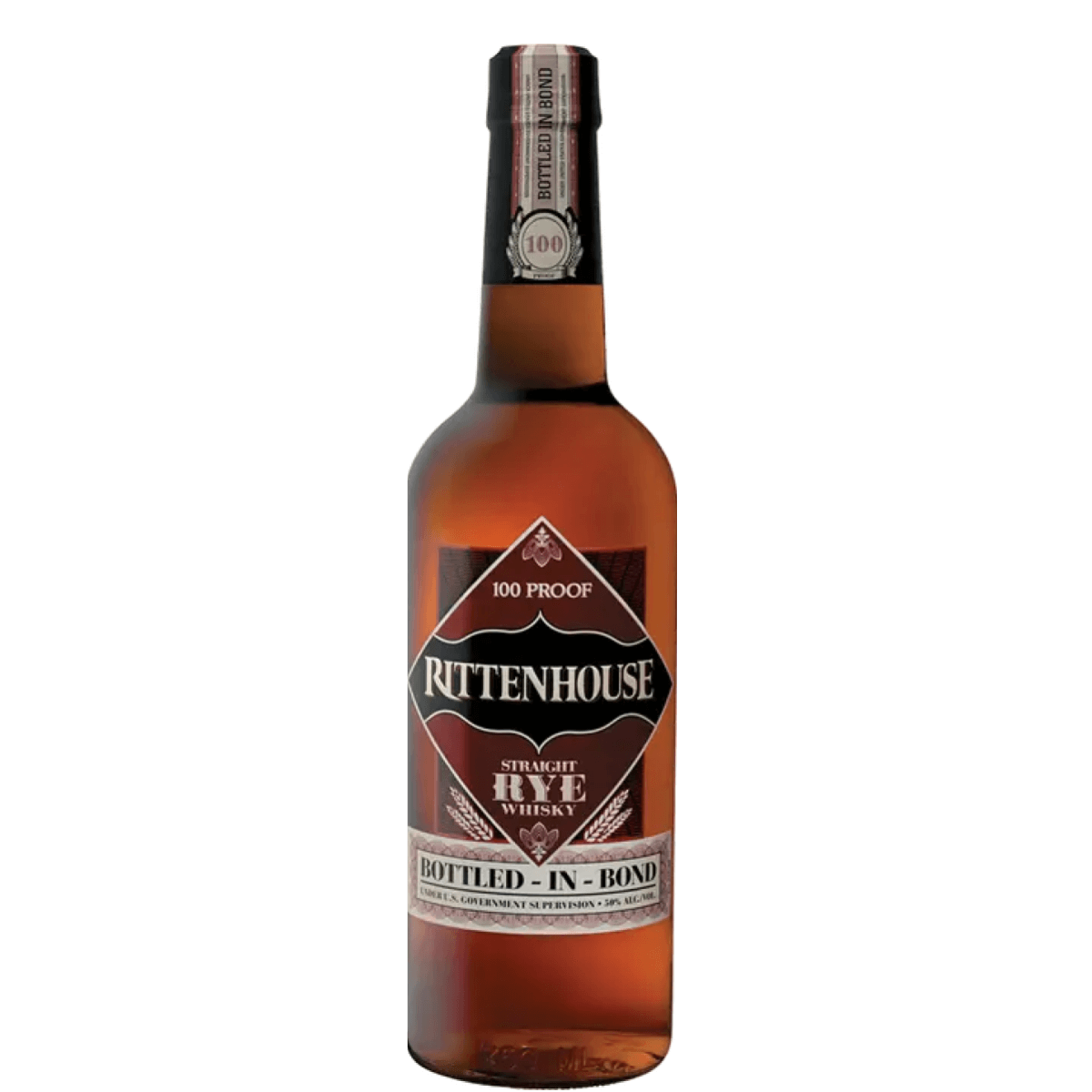 Rittenhouse Rye 100 Proof 750ml bottle, Kentucky rye whiskey, 50% ABV, Pennsylvania style, rich aroma, famous Philadelphia name