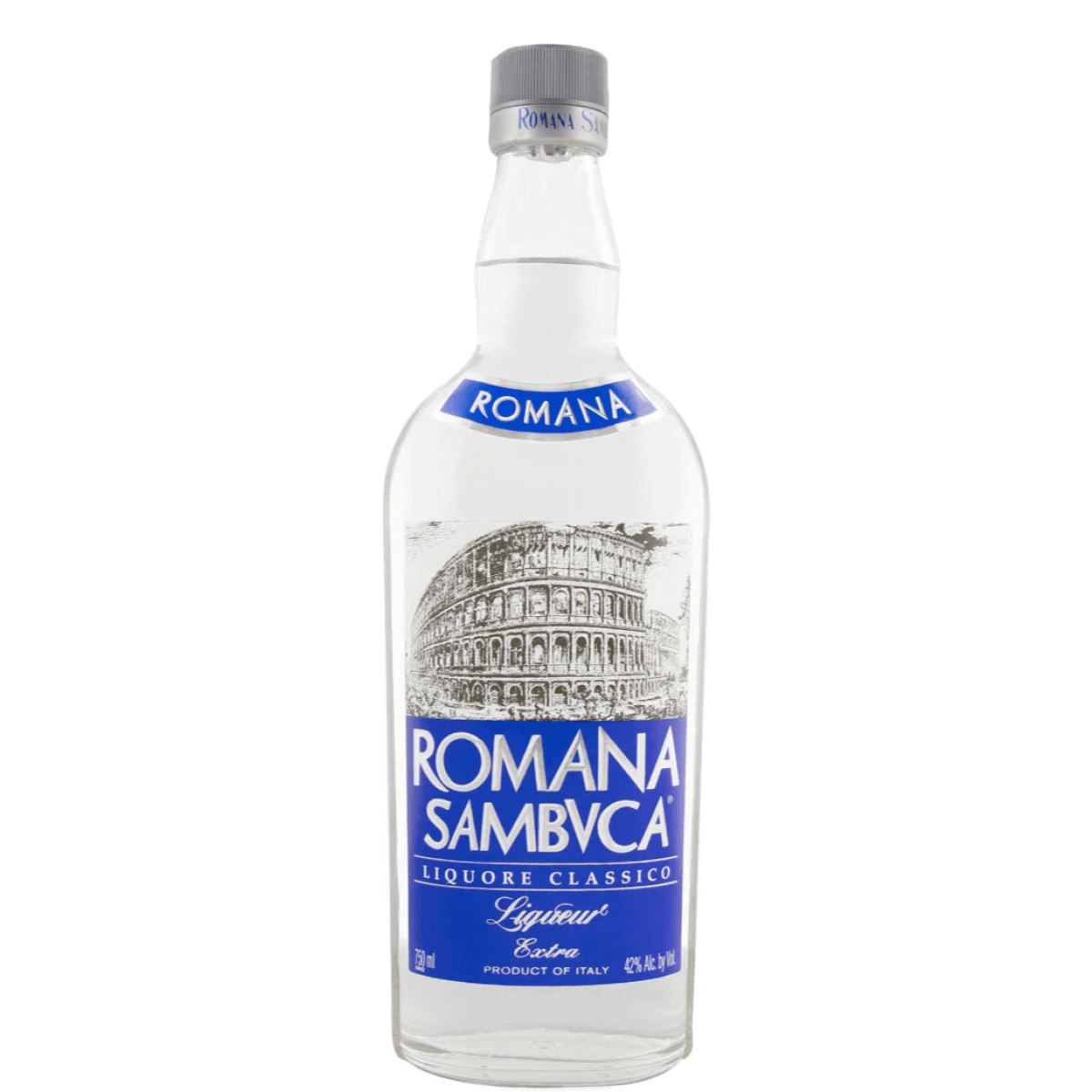 Romana White Sambuca 750ml bottle with Italian heritage design, anise flavor, 42% ABV, perfect liqueur for cocktails.