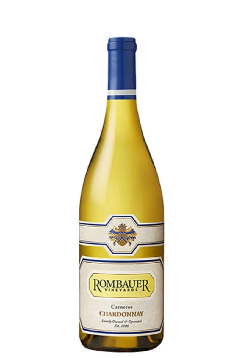 Rombauer Chardonnay 2022 750ml wine bottle, Carneros, California, rich tropical fruit flavors and creamy apple and pear textures.