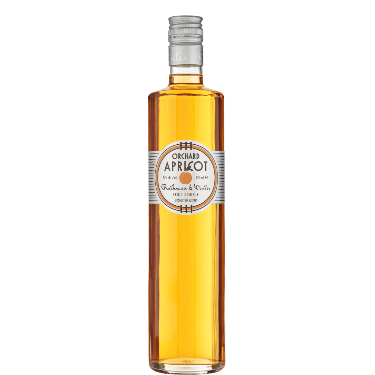 750ml Rothman & Winter Orchard Apricot Liqueur bottle from Austria, fruit liqueur with ABV 24%, featuring label details.