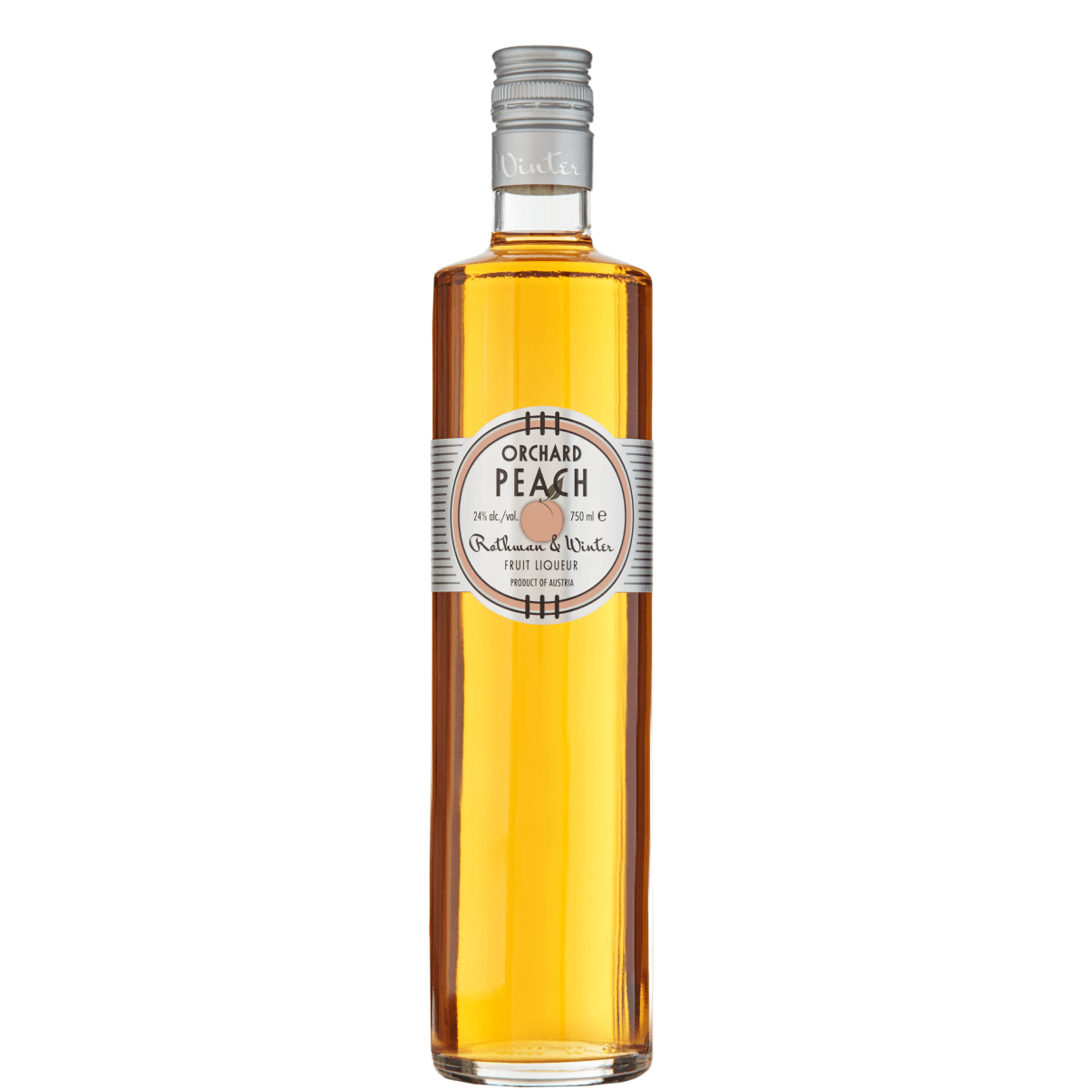 Rothman & Winter Orchard Peach 750ml fruit liqueur bottle, Austrian peach-flavored liqueur perfect for cocktails or enjoying neat.