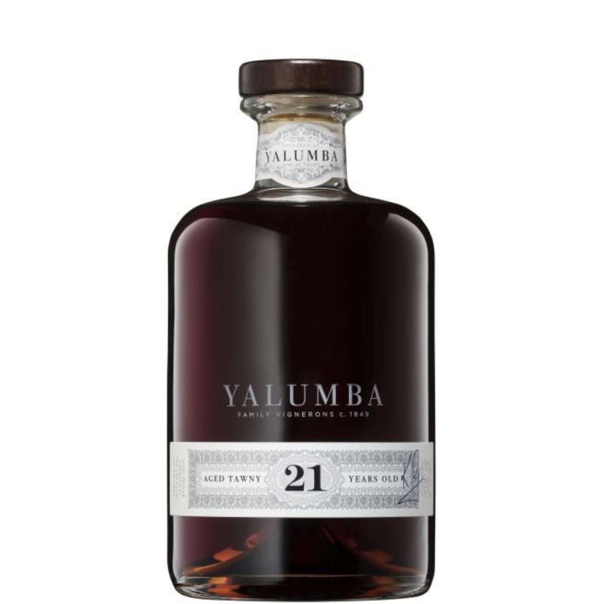 Yalumba 21-Year-Old Tawny Port 375ml bottle with rich, dark liquid, label displaying age and branding, from Barossa Valley, Australia.
