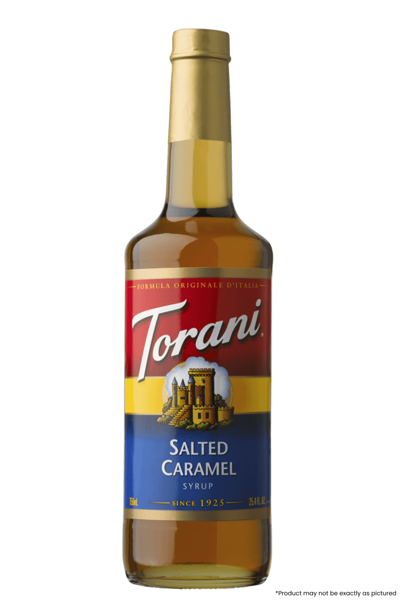 Torani Salted Caramel Syrup 750ml bottle, perfect for adding sweet and salty flavor to coffee, lattes, or desserts from California, USA.