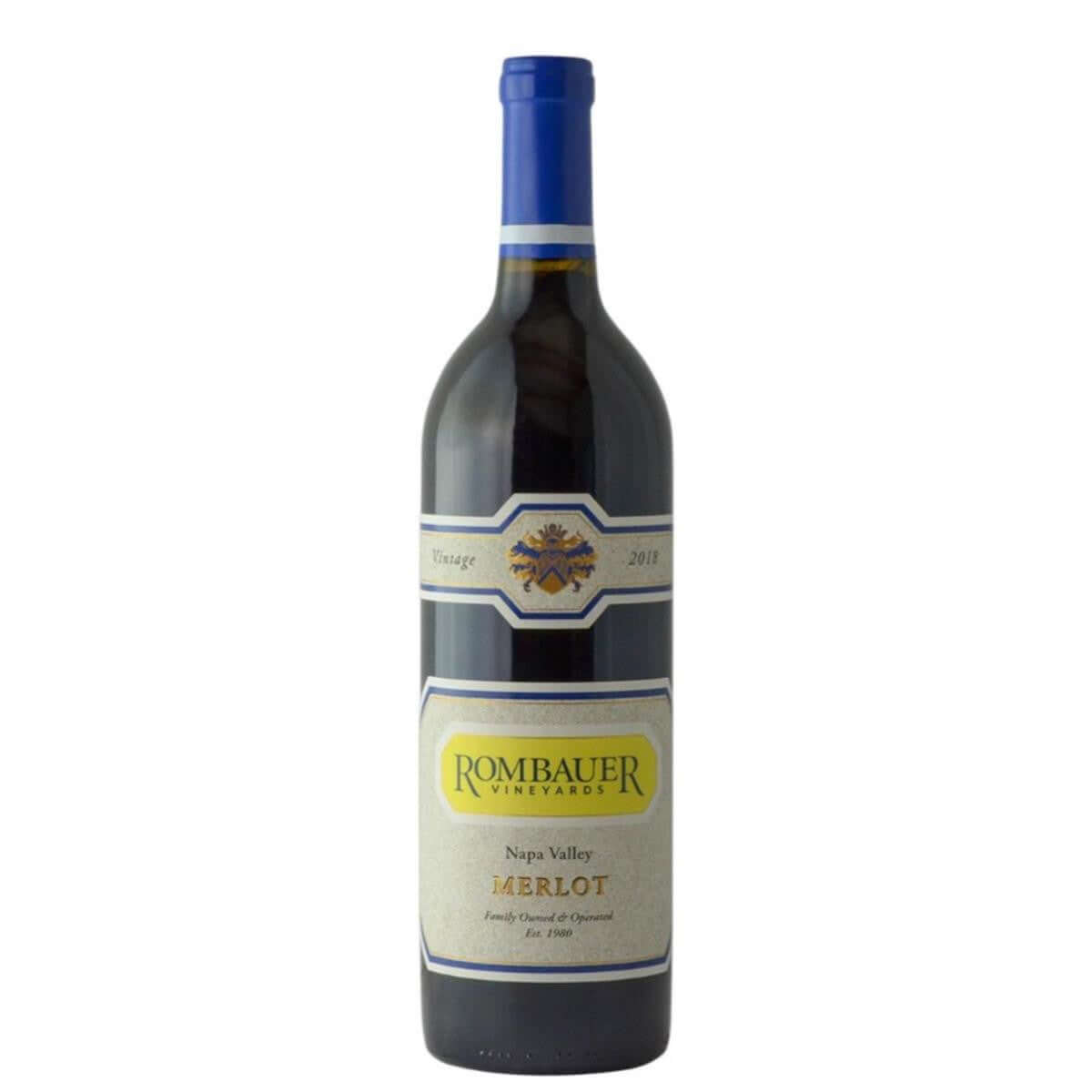 Rombauer Napa Valley Merlot 2020 wine bottle, 750ml, red wine with notes of dark fruit, cocoa, and vanilla, 14.5% ABV.