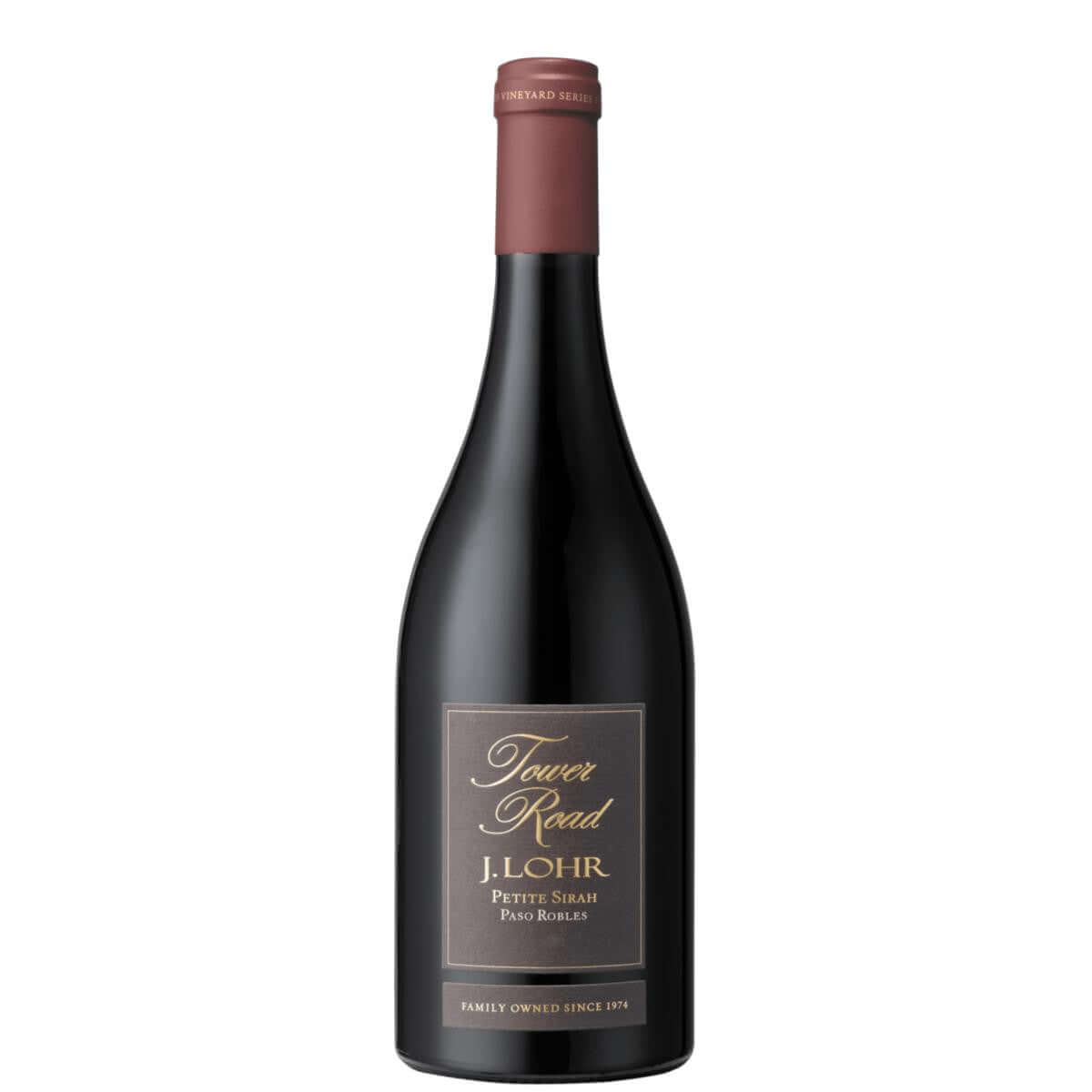 Bottle of J. Lohr Petite Sirah Tower Road 2020, a red wine from Paso Robles, California, with aromas of blackberry and vanilla.