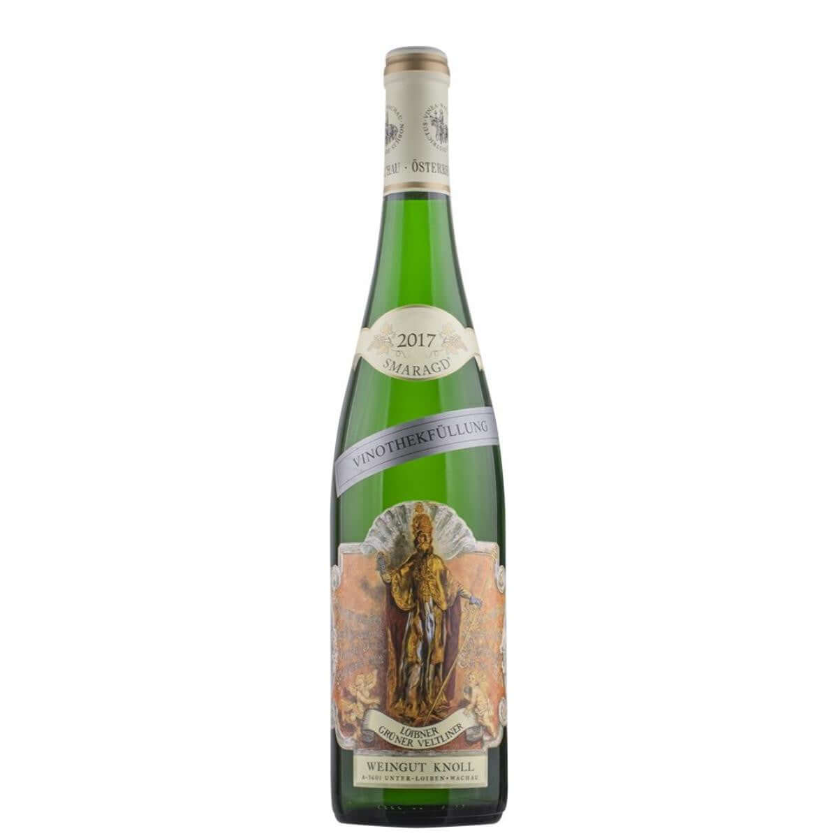 Weingut Knoll Smaragd Grüner Veltliner 2017 bottle, Austrian white wine from Wachau with green apple and pear notes.