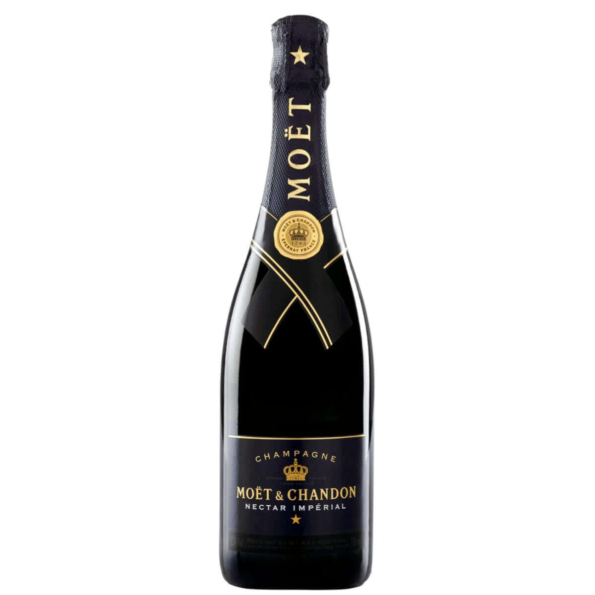 Bottle of Moet and Chandon Nectar Imperial 750ml champagne, with a fruity and sweet taste, from the Champagne region in France.