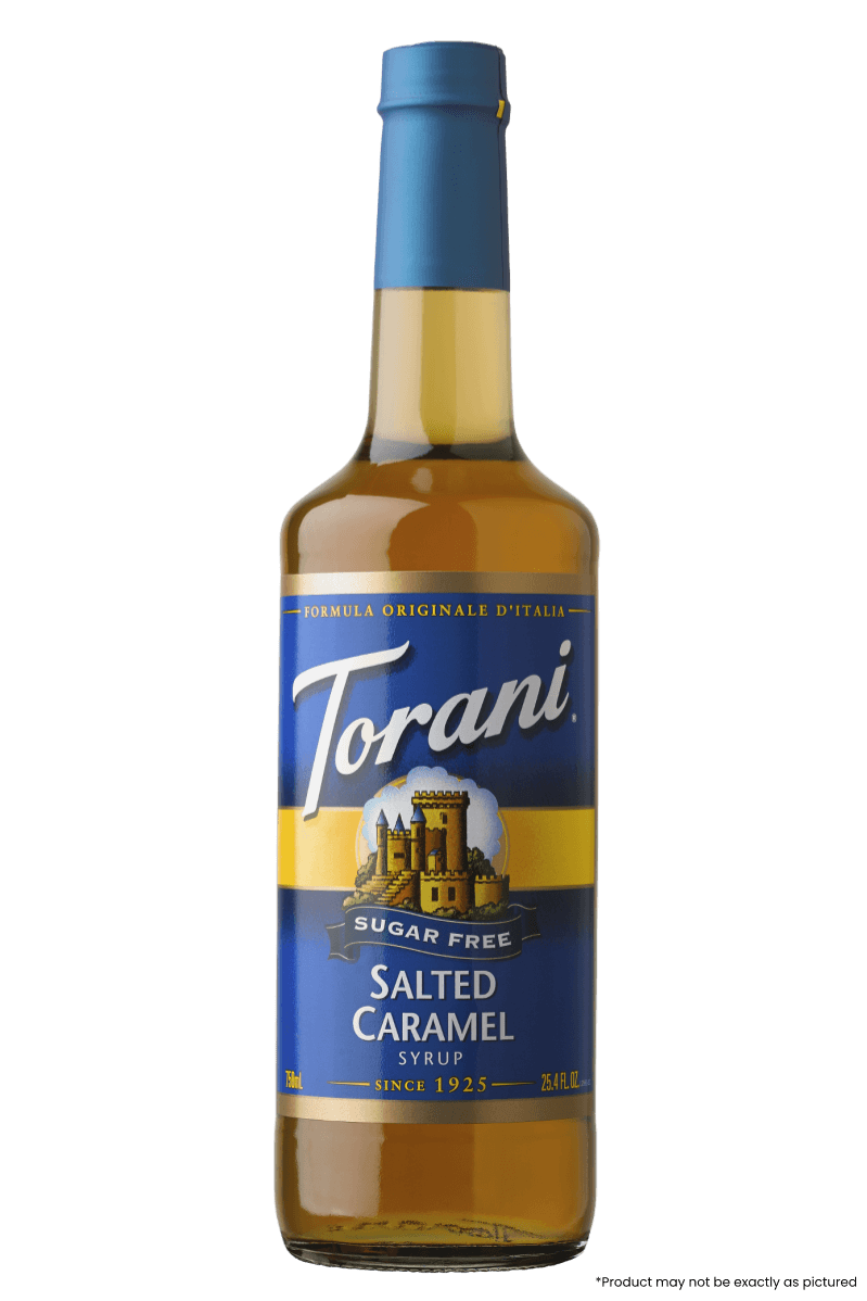 Torani Sugar Free Salted Caramel Syrup 750ml bottle from California, perfect for coffee, lattes, and desserts.