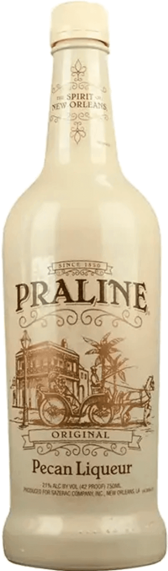 Sazerac Praline Pecan Liqueur 750ml bottle with sweet and nutty flavors, made in Kentucky, USA. Gold Medal winner at 2019 competition.