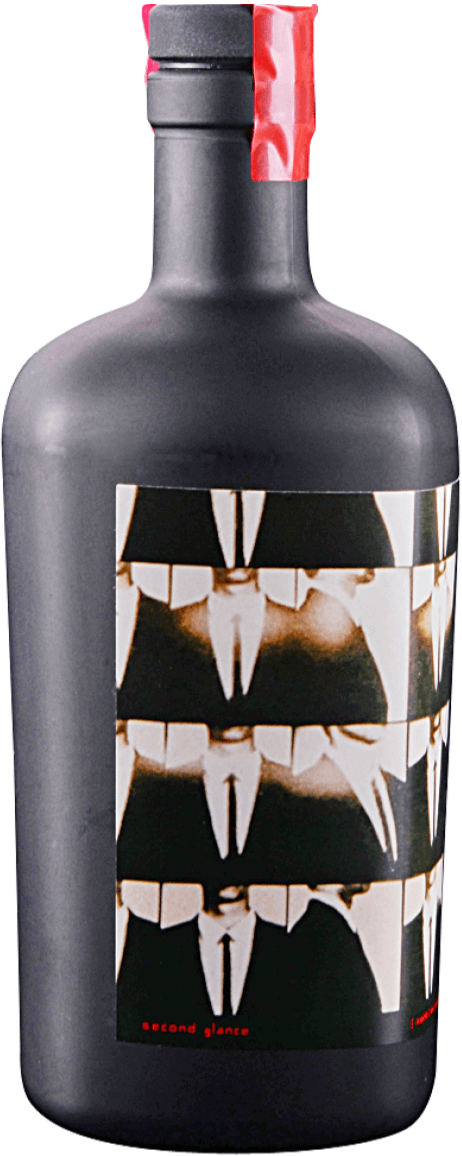 Bottle of Second Glance American Whiskey with unique label design, 750ml, Kentucky-made, double-distilled for rich flavor, 43% ABV.