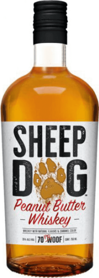 Sheep Dog Peanut Butter Whiskey 750ml bottle with natural flavors, gluten-free, 35% ABV, Gold Medal winner, USA, Minnesota.