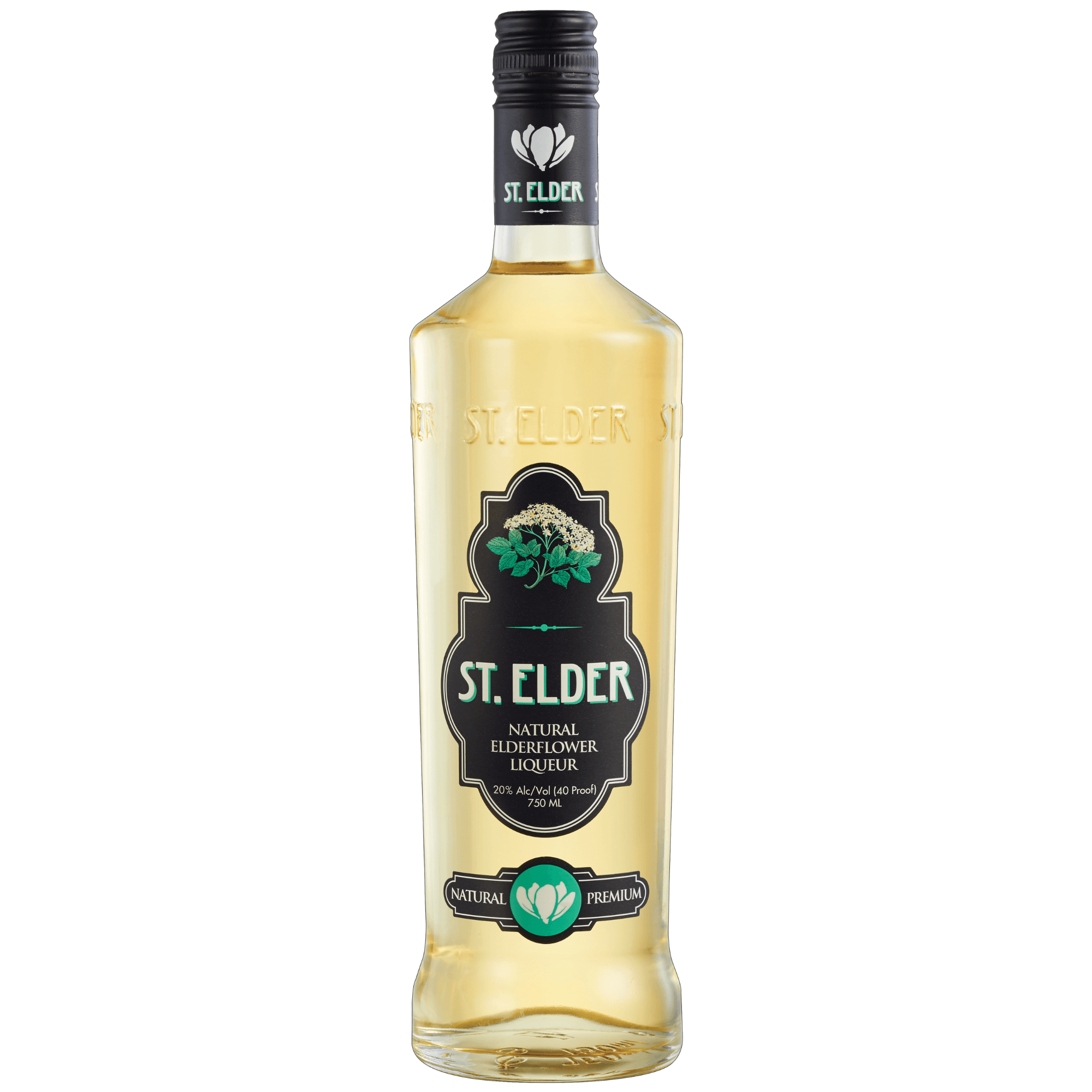 St. Elder Elderflower Liqueur 750ml bottle with natural elderflower extract, perfect for enhancing cocktails.