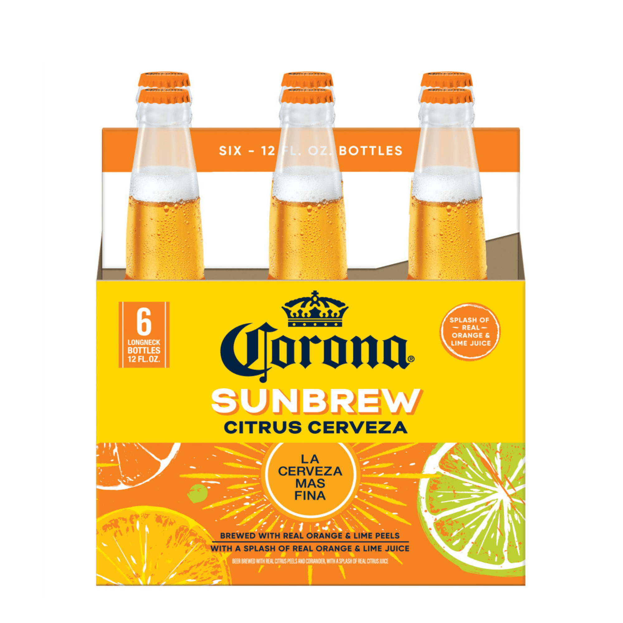 Corona Sunbrew Citrus Cerveza 12oz bottles, Mexican lager with orange and lime infusion brewed by Grupo Modelo, 6-pack display