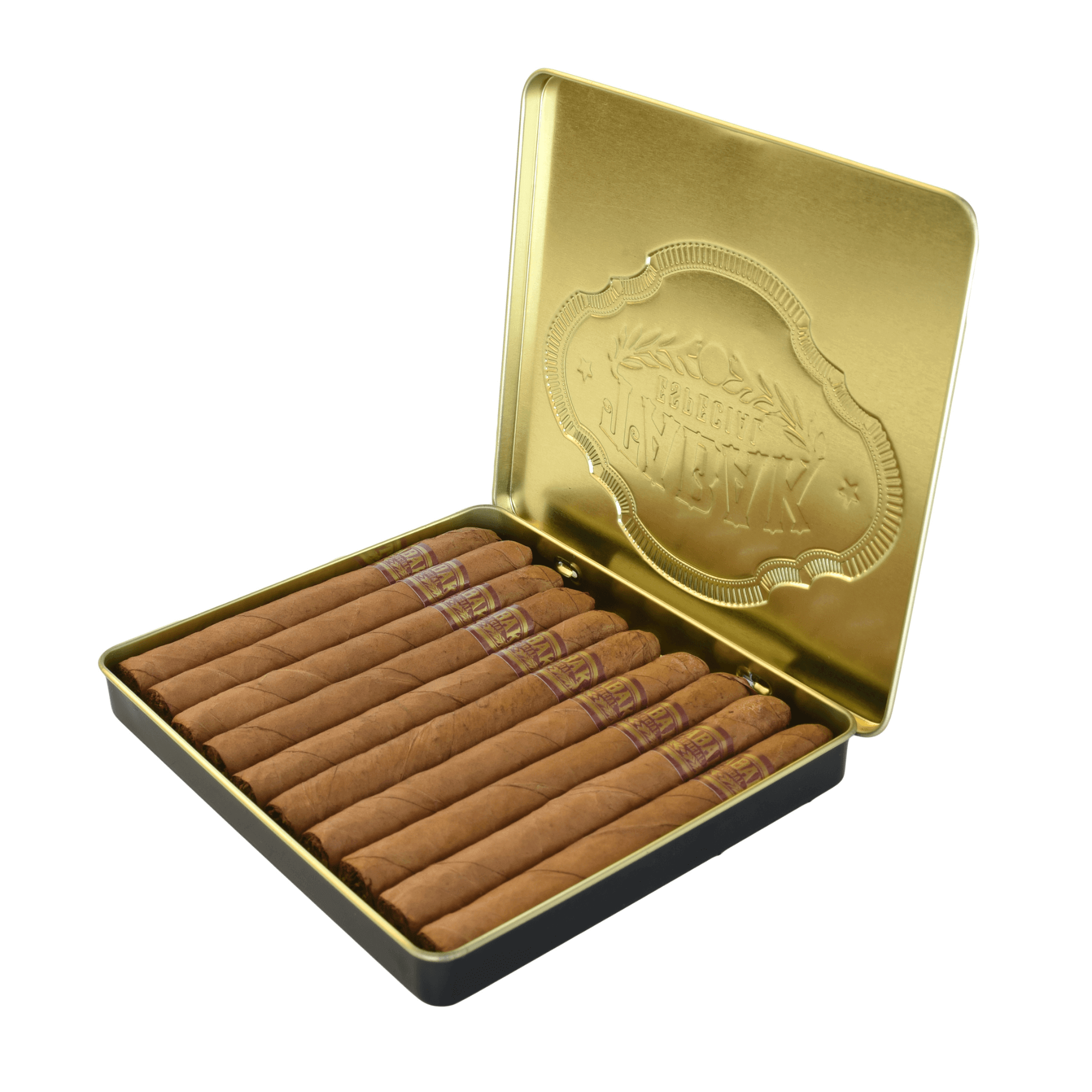 Open tin of Tabak Especial Dulce Cafecita cigars showcasing 10 small cigarillos with coffee-infused flavors and Ecuadorian Connecticut shade wrapper.