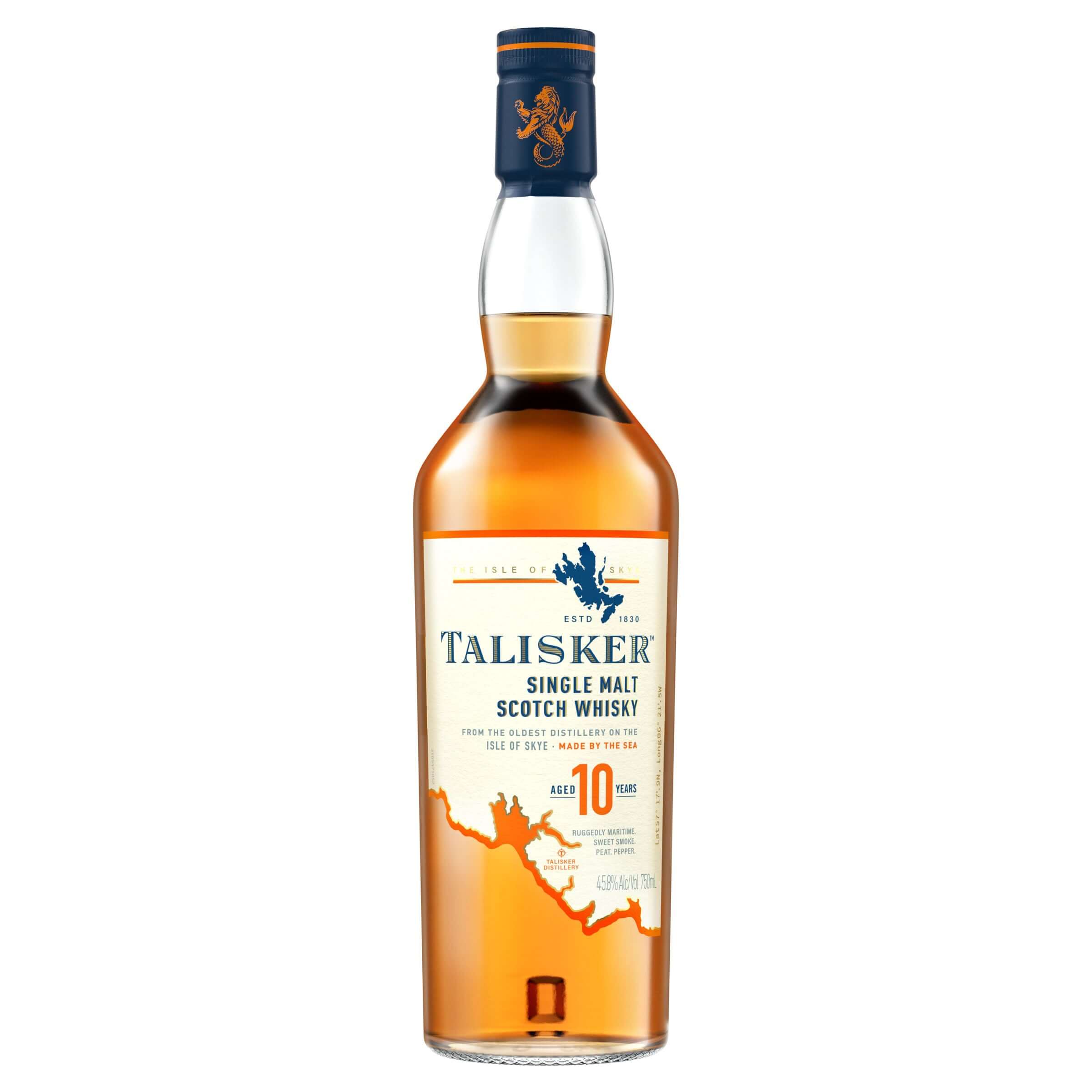 Talisker 10 YR Single Malt Whiskey 750ml from Isle of Skye, rich with smoky, malty flavors and a peppery finish.
