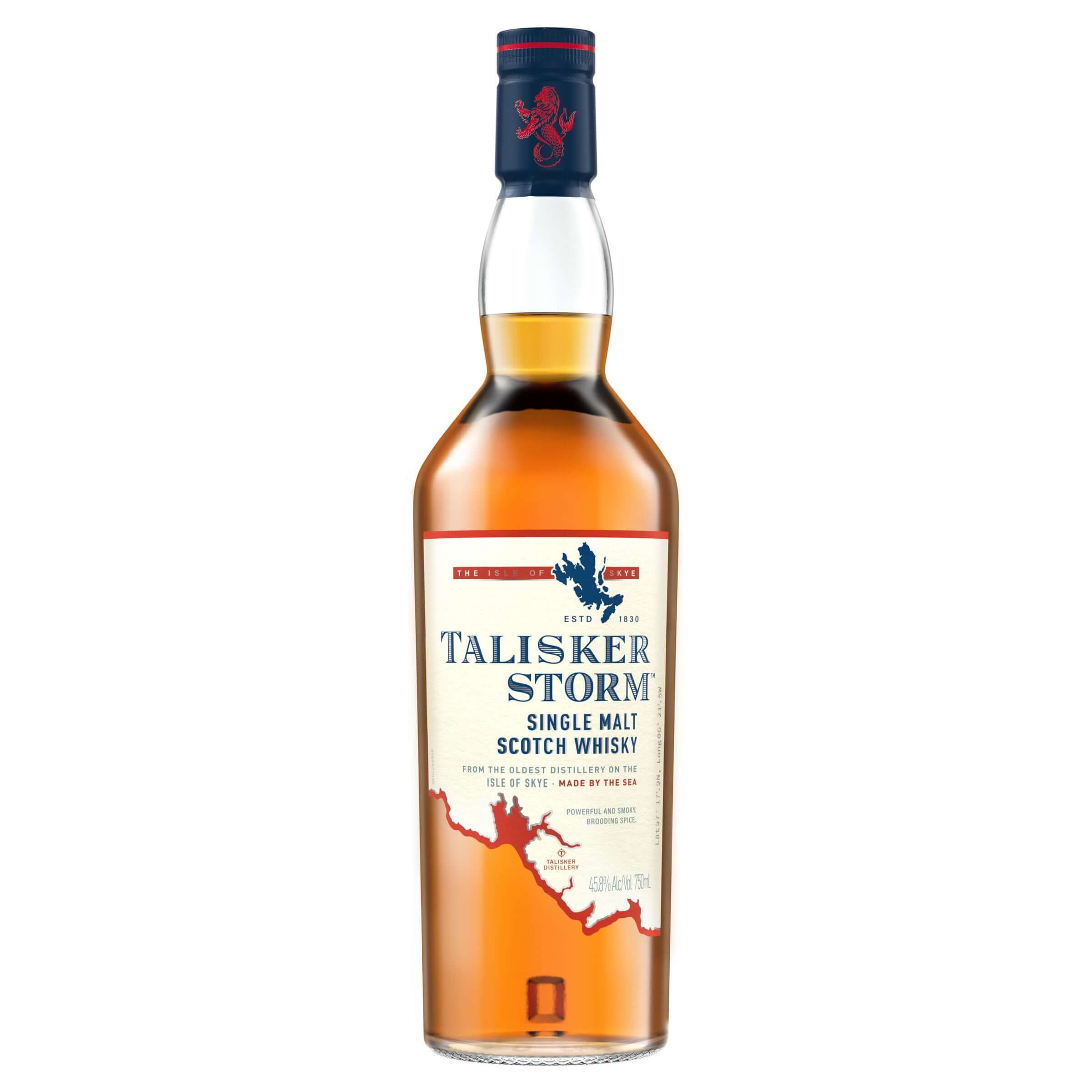 Bottle of Talisker Storm Single Malt Scotch Whisky, 750ml, featuring rich, smoky flavors with peaty notes from the Isle of Skye, Scotland.