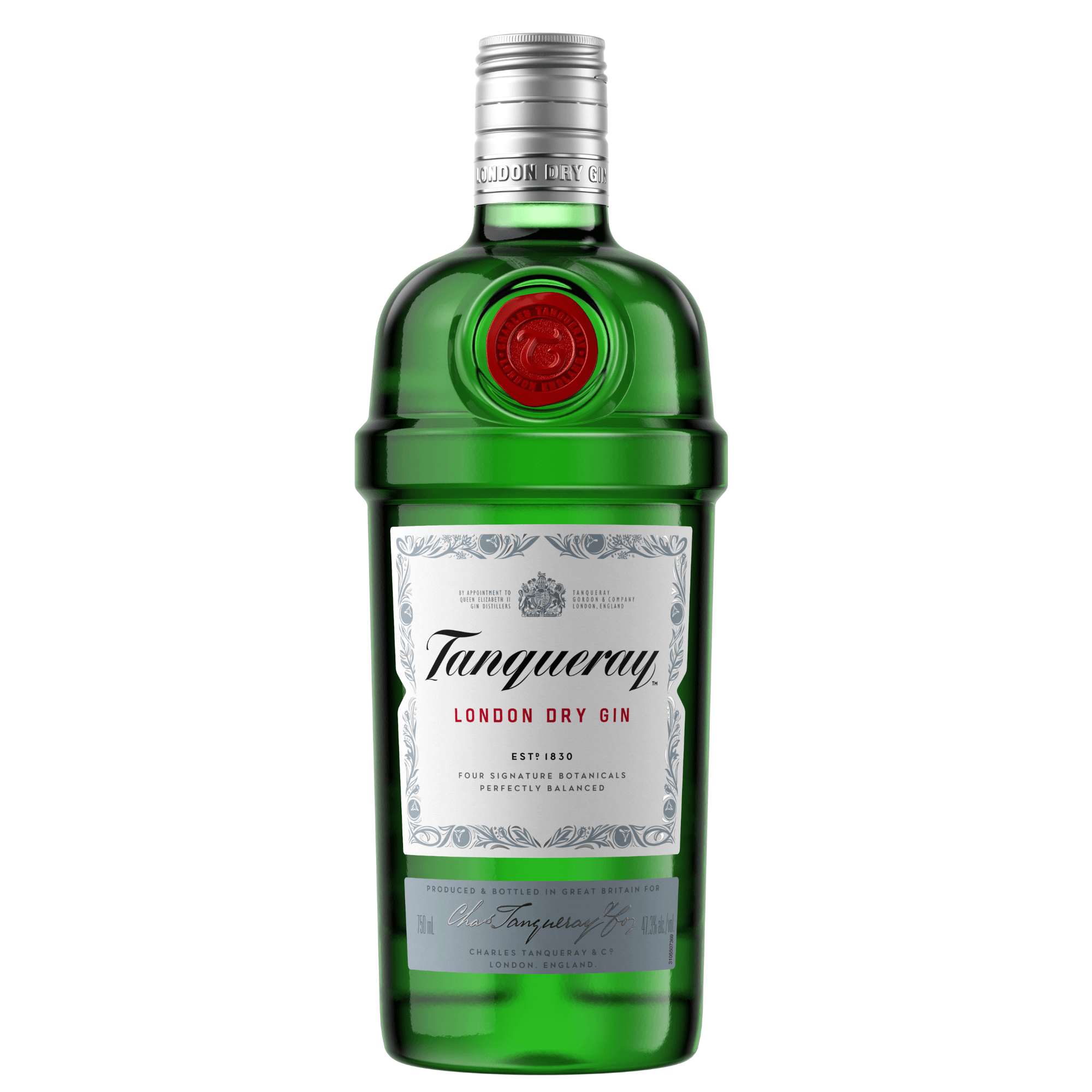 Tanqueray London Dry Gin 750ml bottle with iconic green packaging, featuring a blend of juniper, coriander, and botanicals from England.